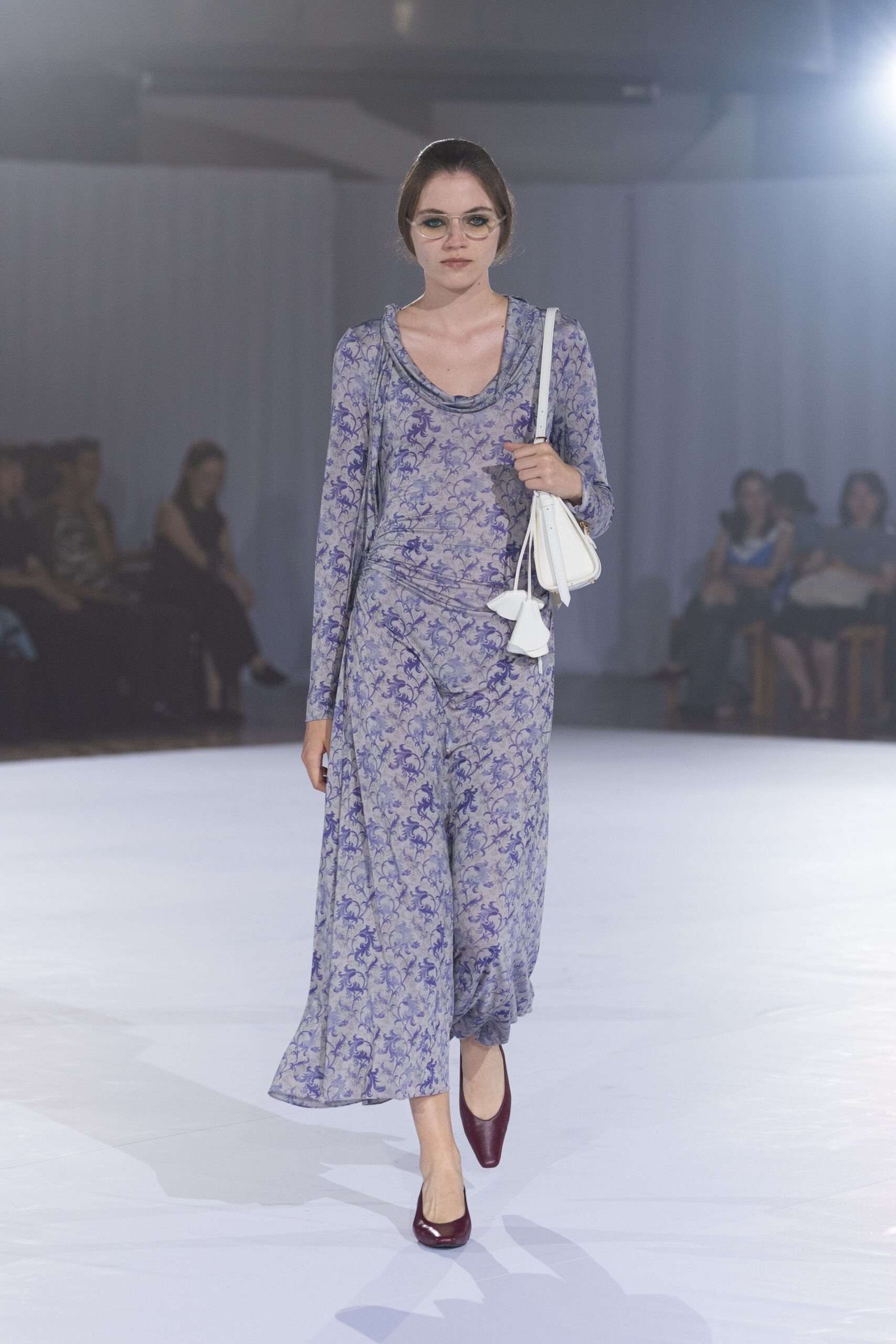 blue purple printed midi dress