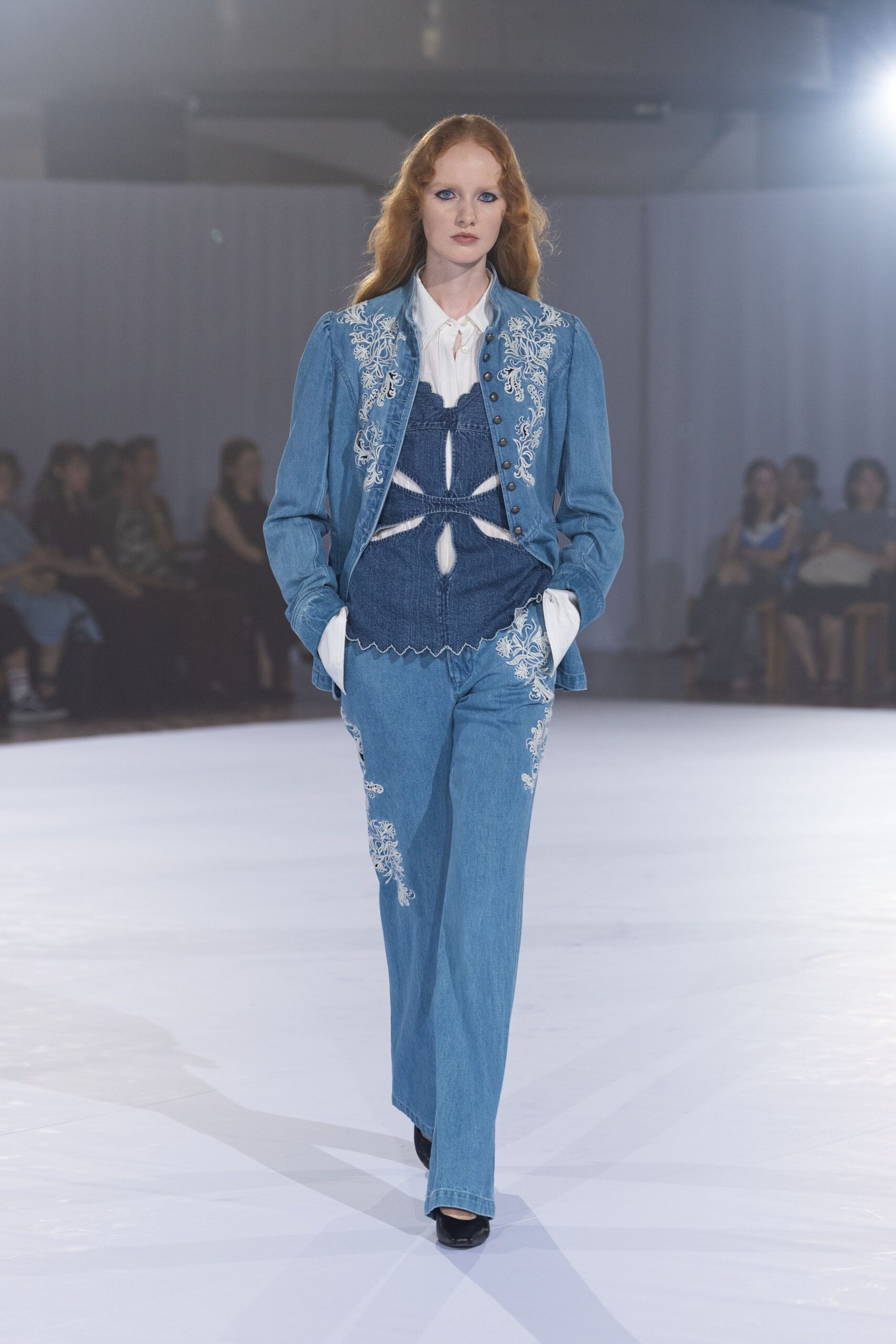 blue denim fitted embroidered pants