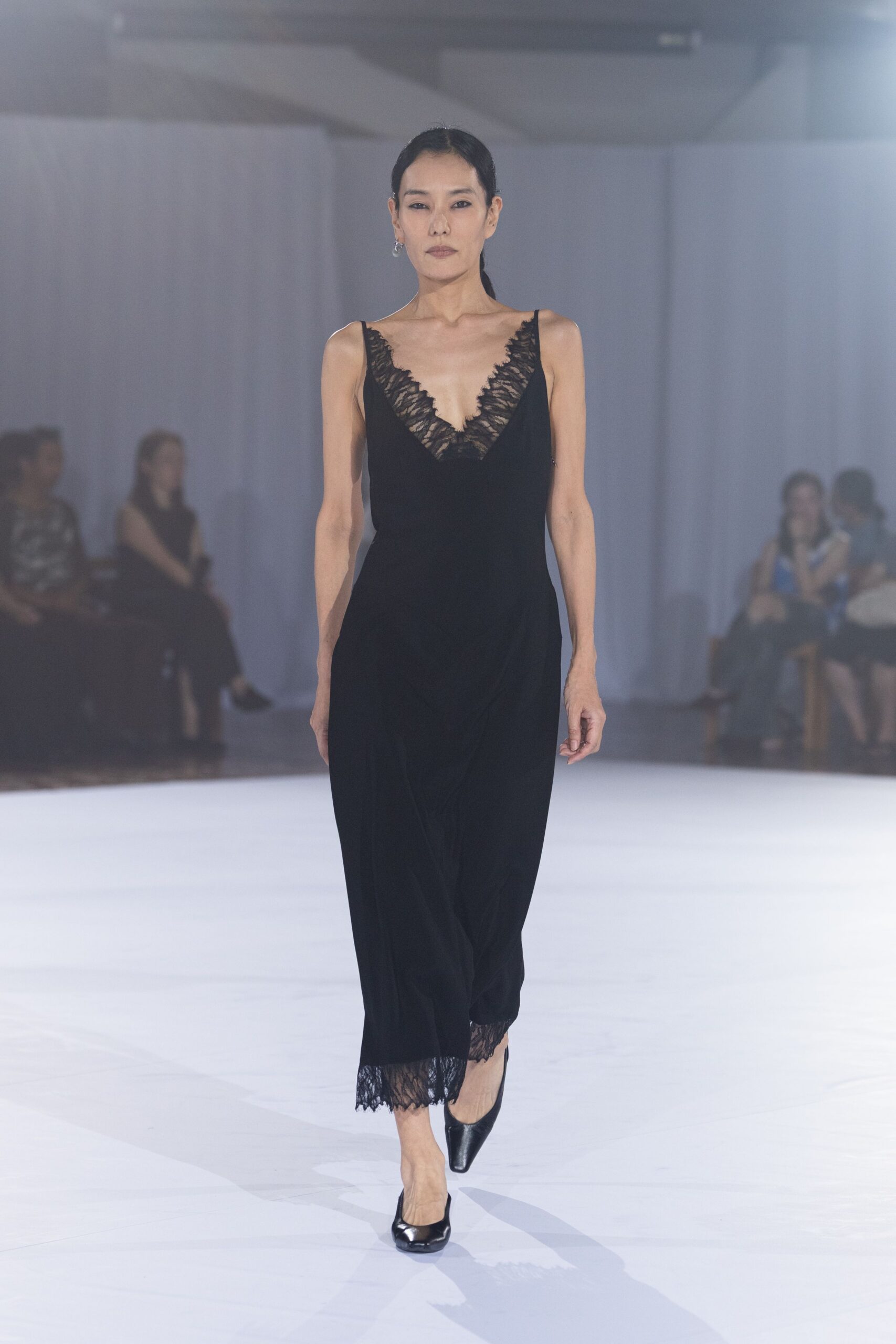 black silk sleeveless v-neck fitted layered midi dress