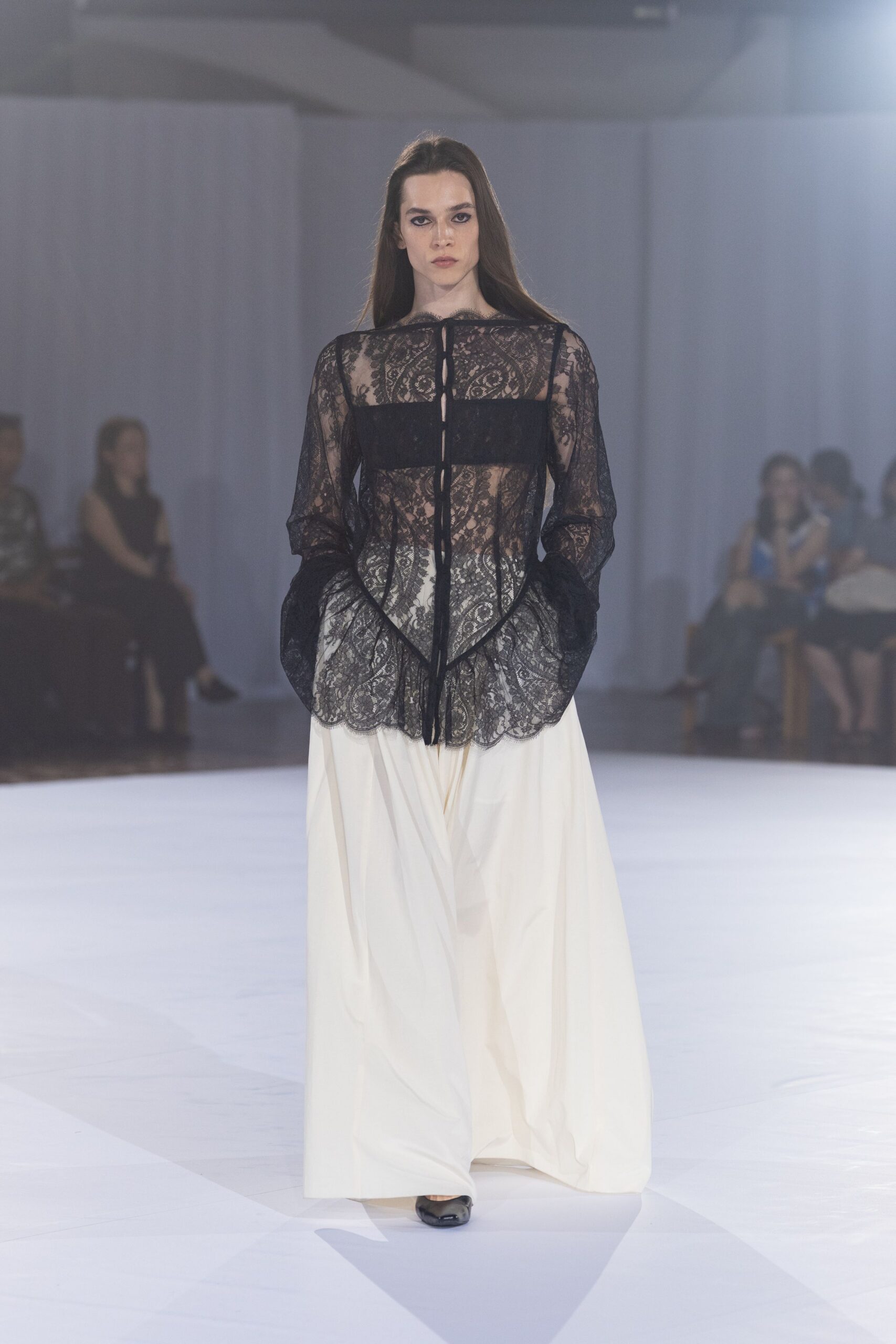 black lace long-sleeve collared fitted ruffled blouse