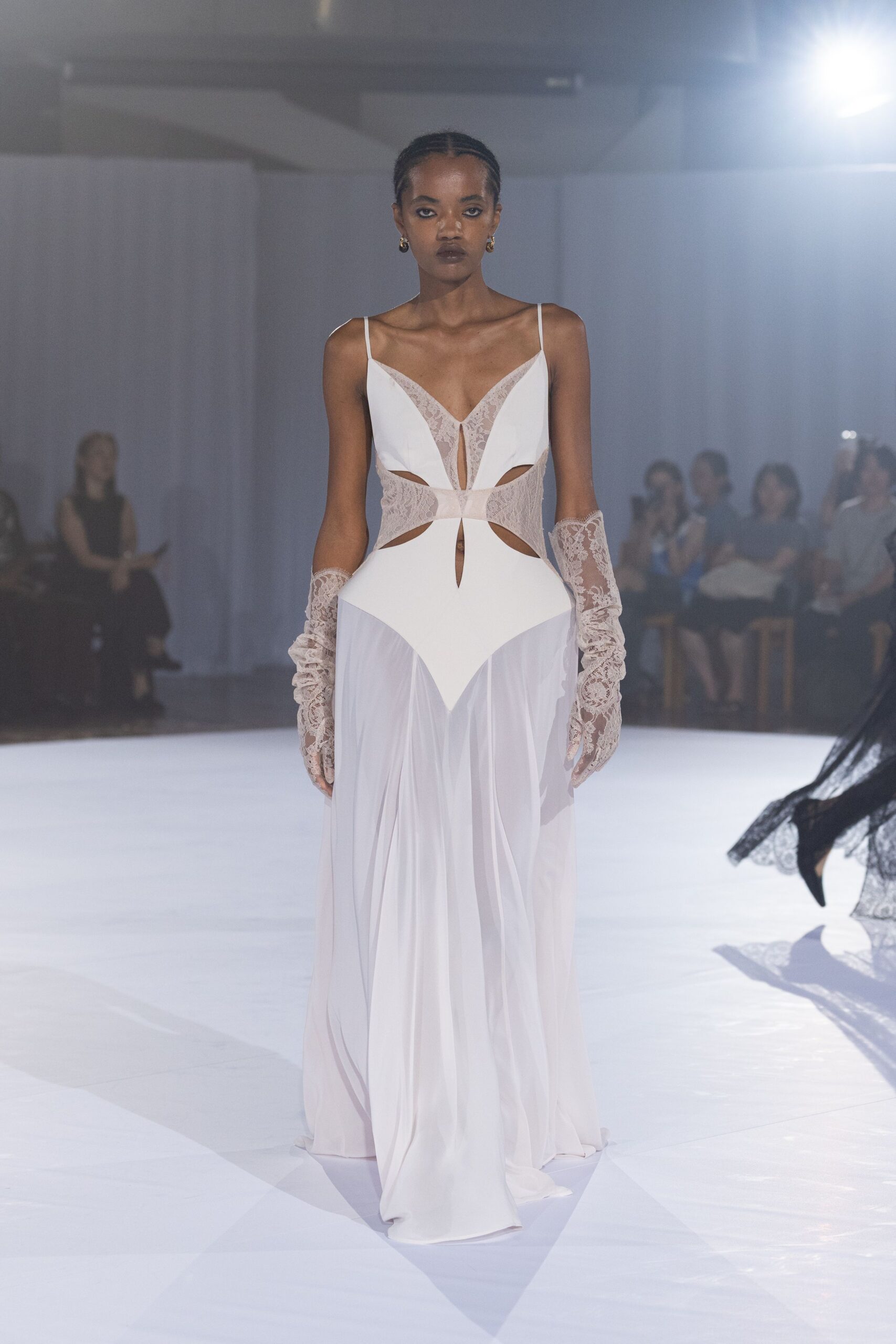 white silk sleeveless v-neck fitted draped layered gown
