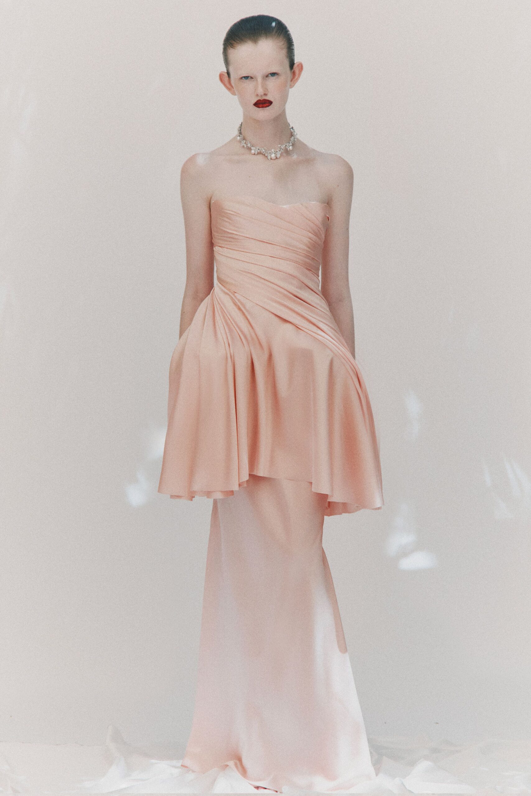 pink silk strapless gown