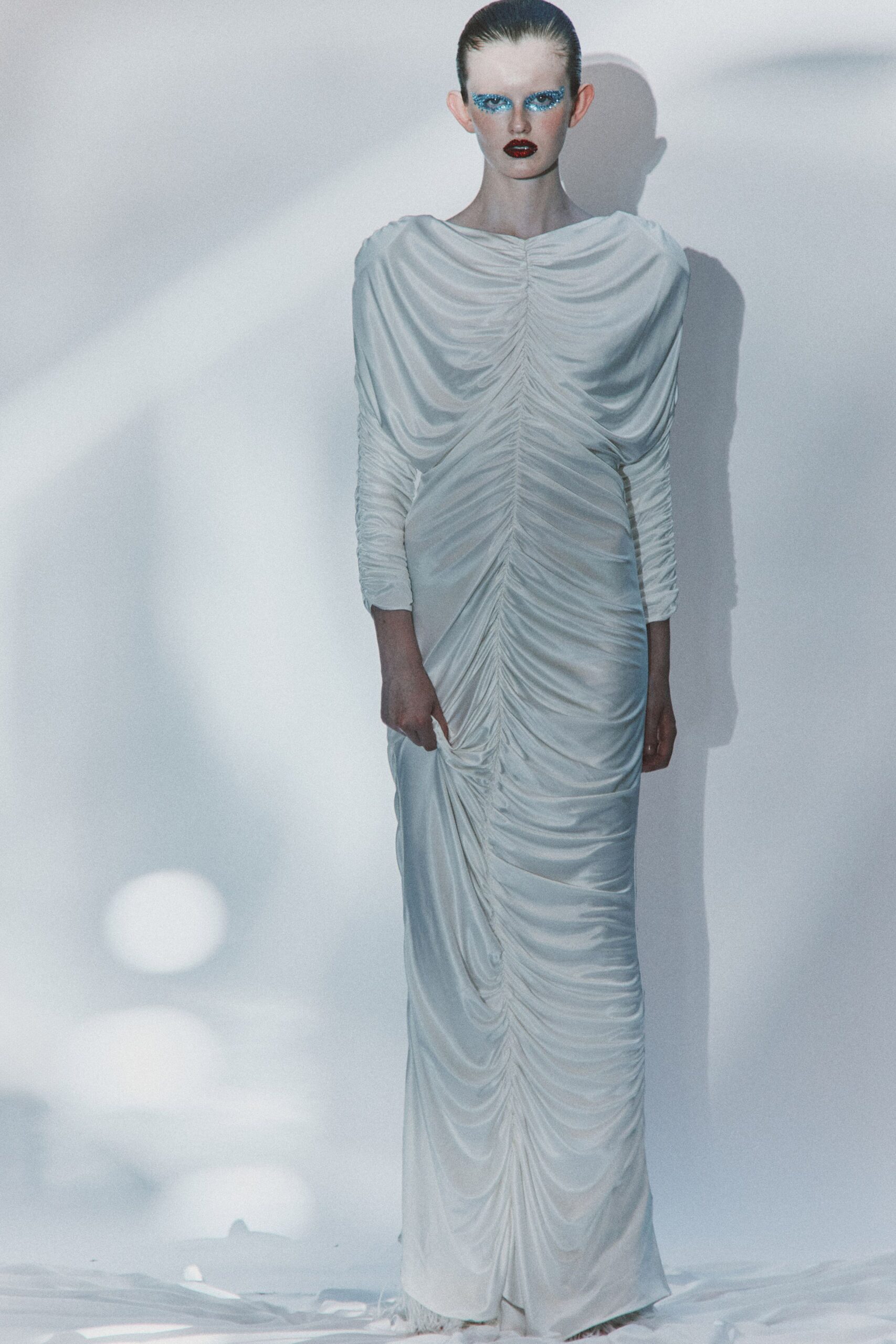 white silk fitted gown
