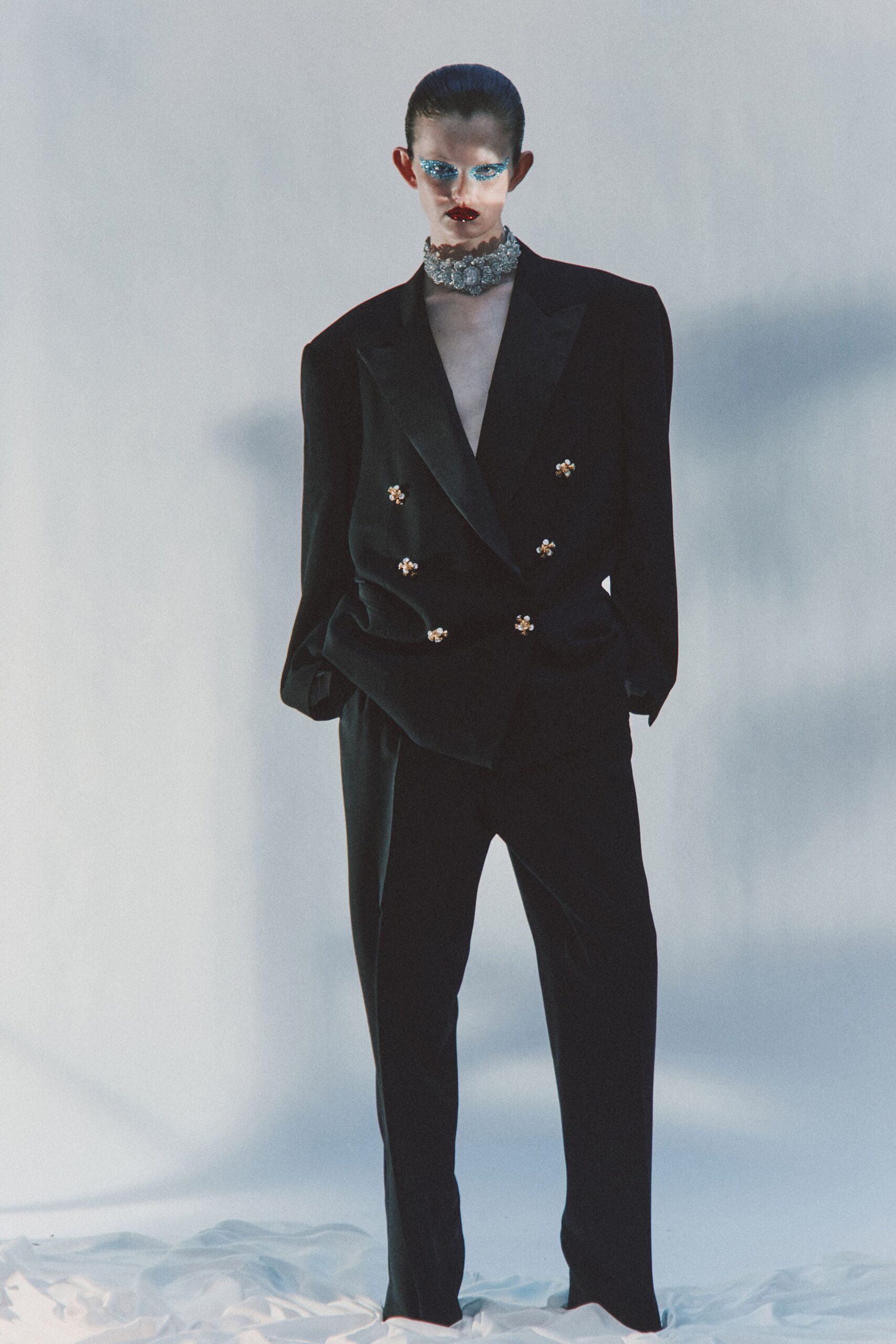 black velvet tailored straight-leg pants