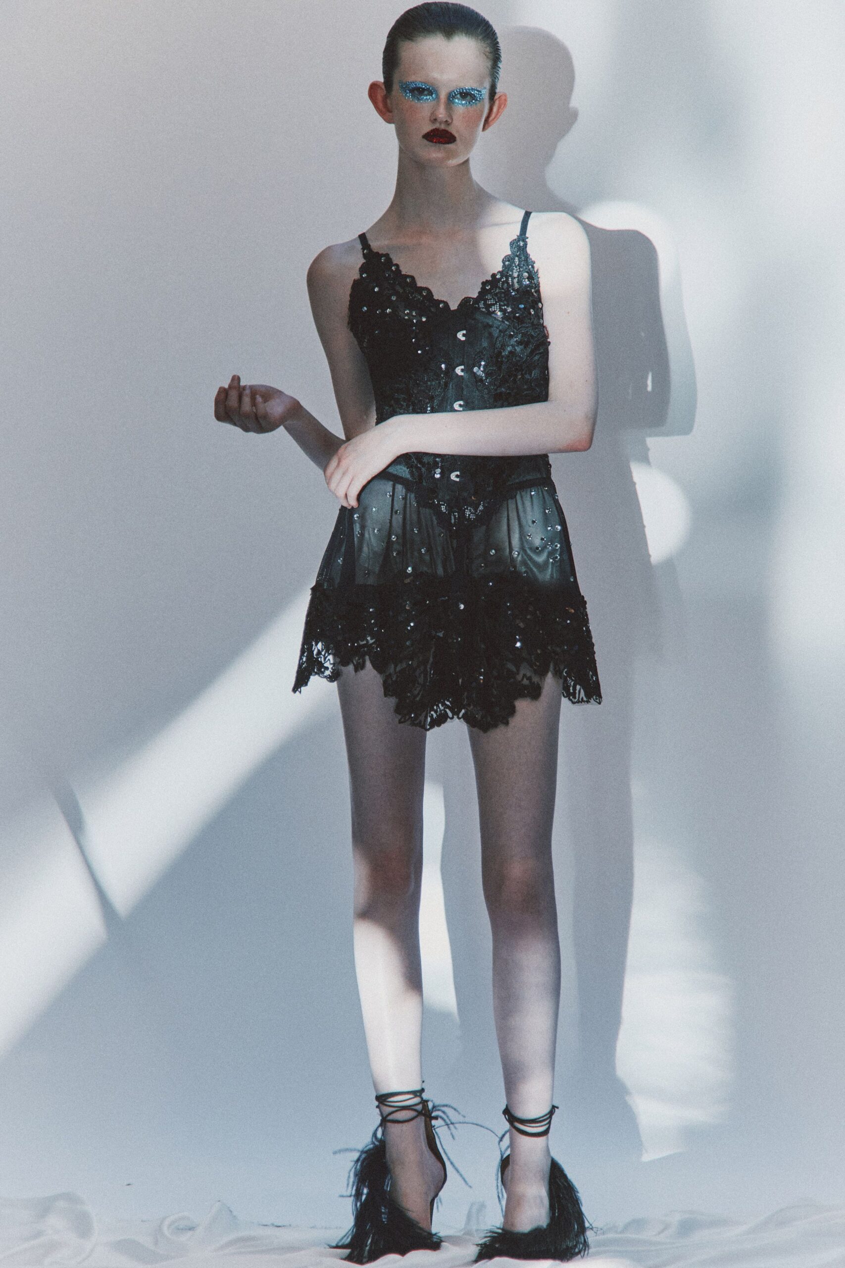 black lace sleeveless v-neck fitted ruffled embellished dress