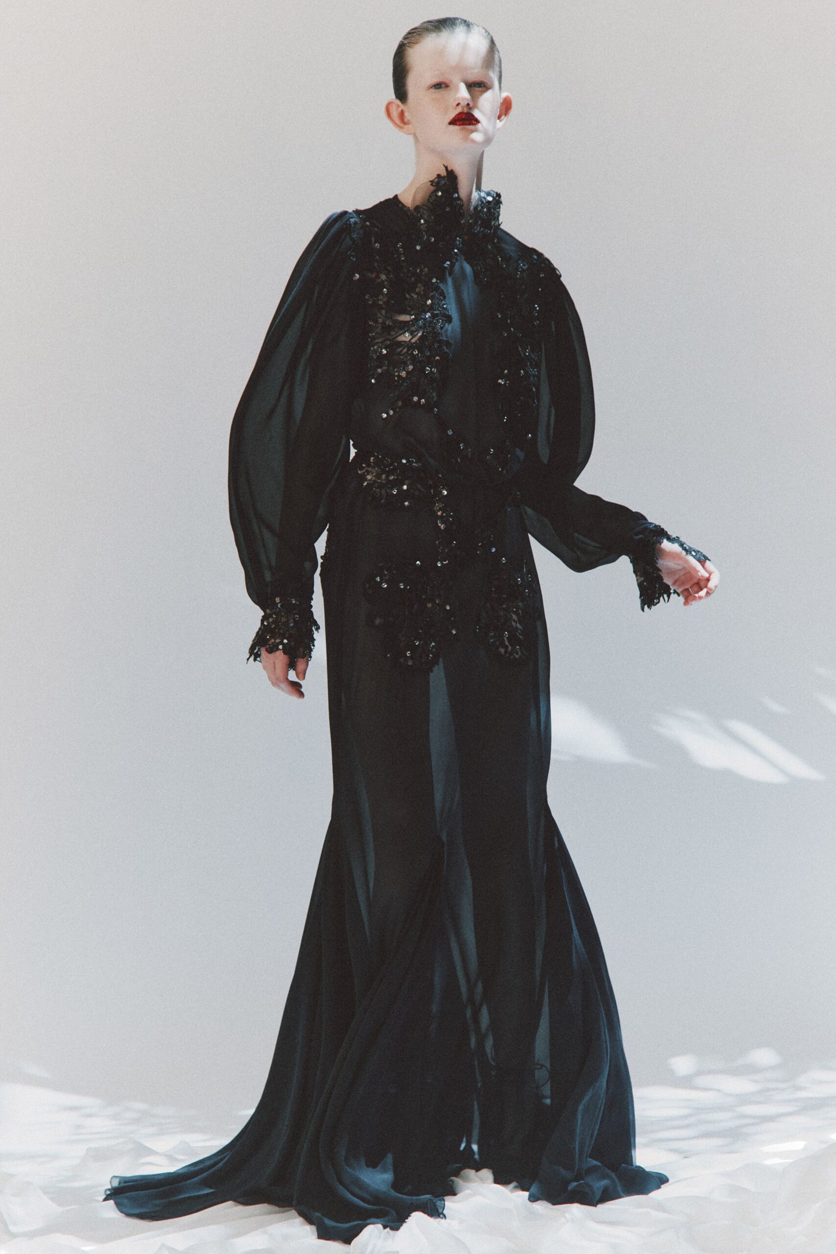black silk embroidered gown