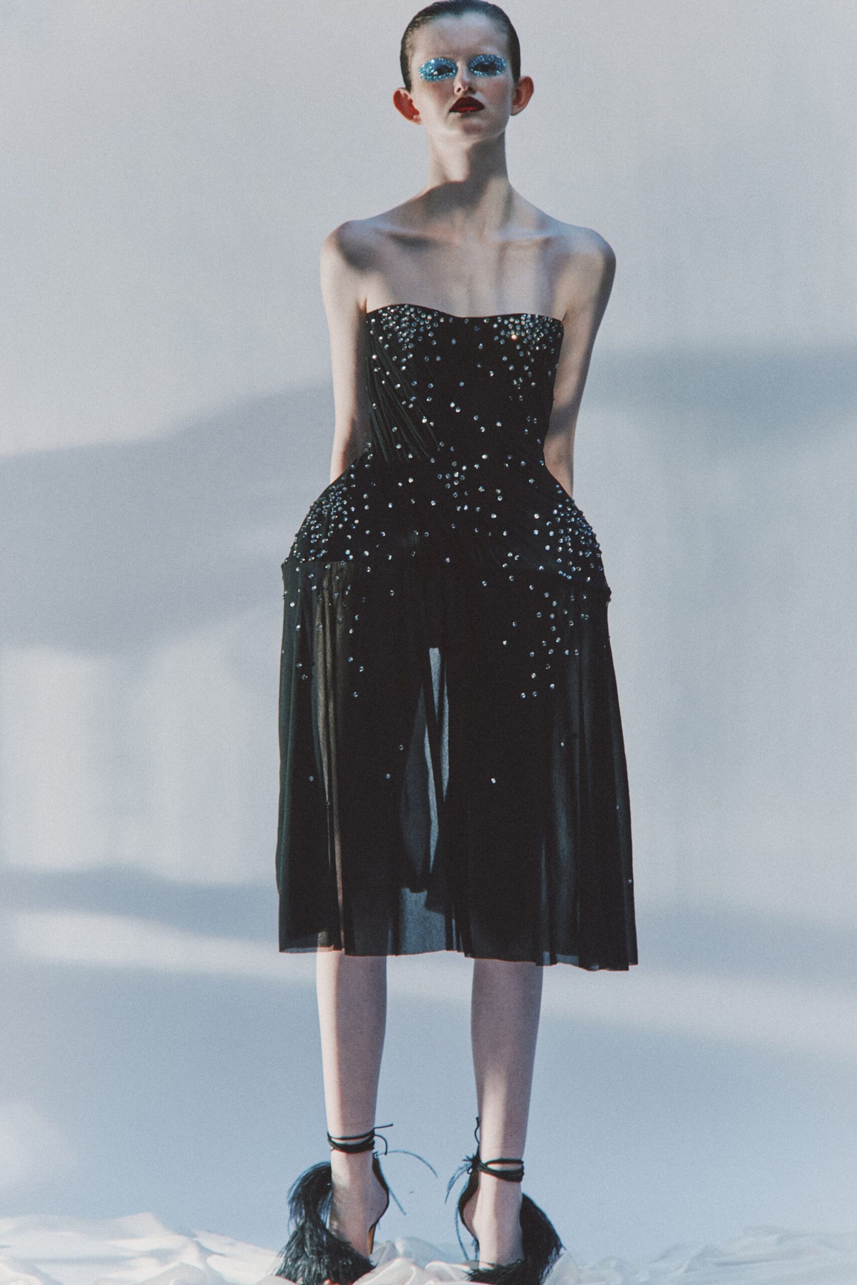 black silk strapless fitted beaded pleated sheer dress