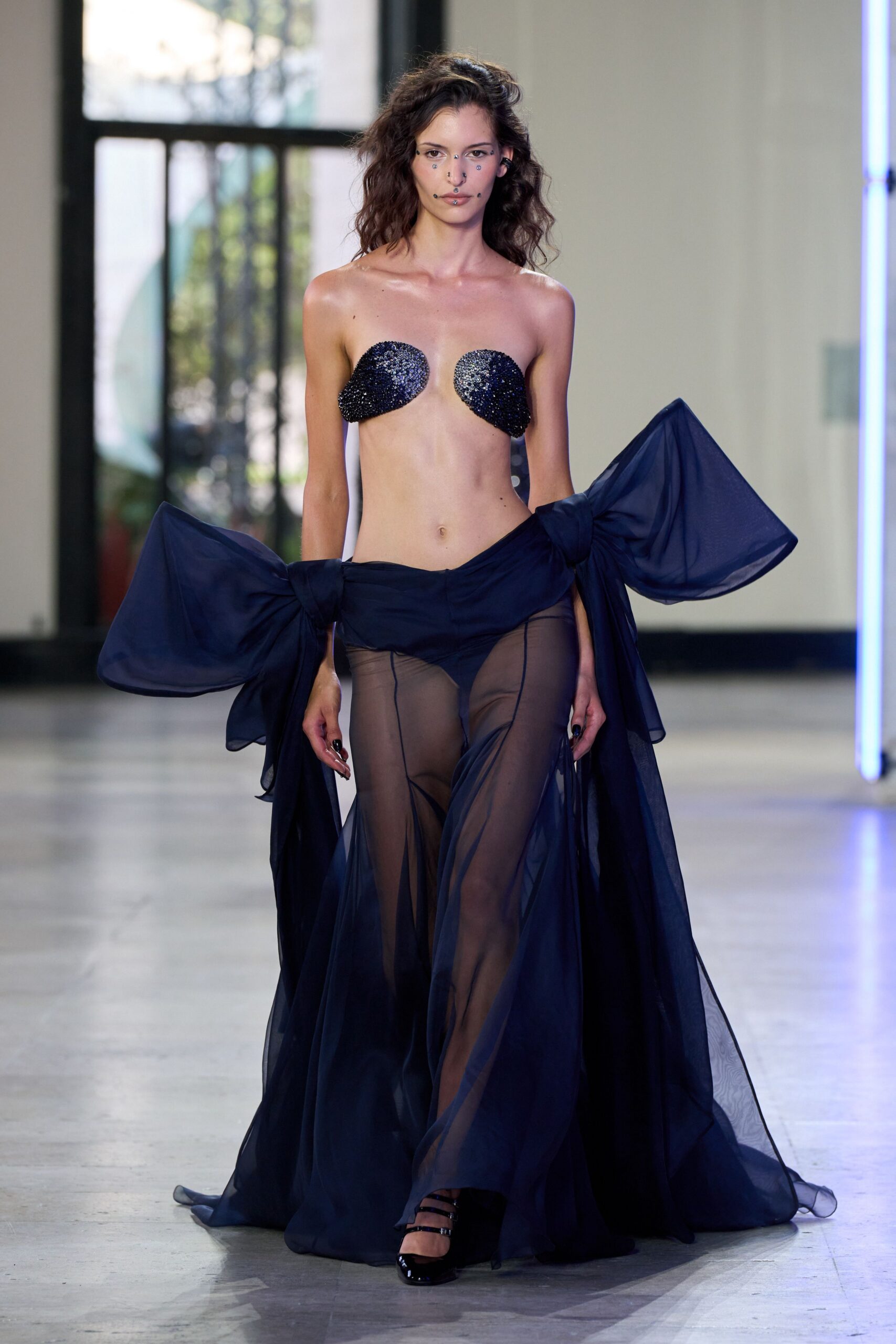 blue chiffon sleeveless high-neck fitted layered gown