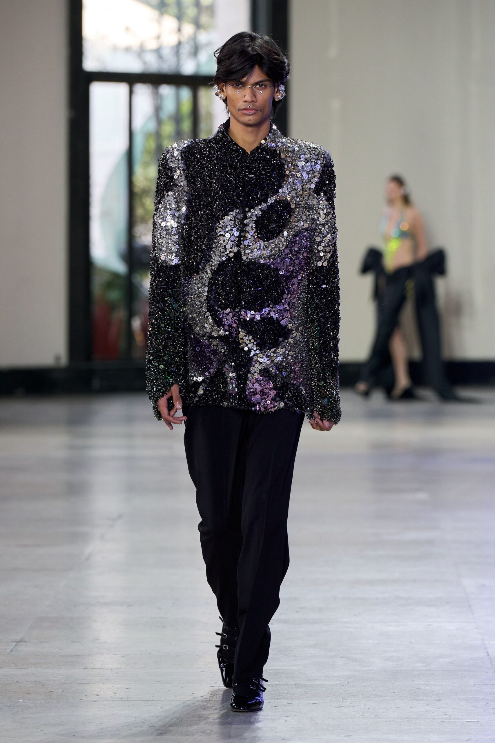 black sequin long-sleeve collared fitted embellished shiny shirt