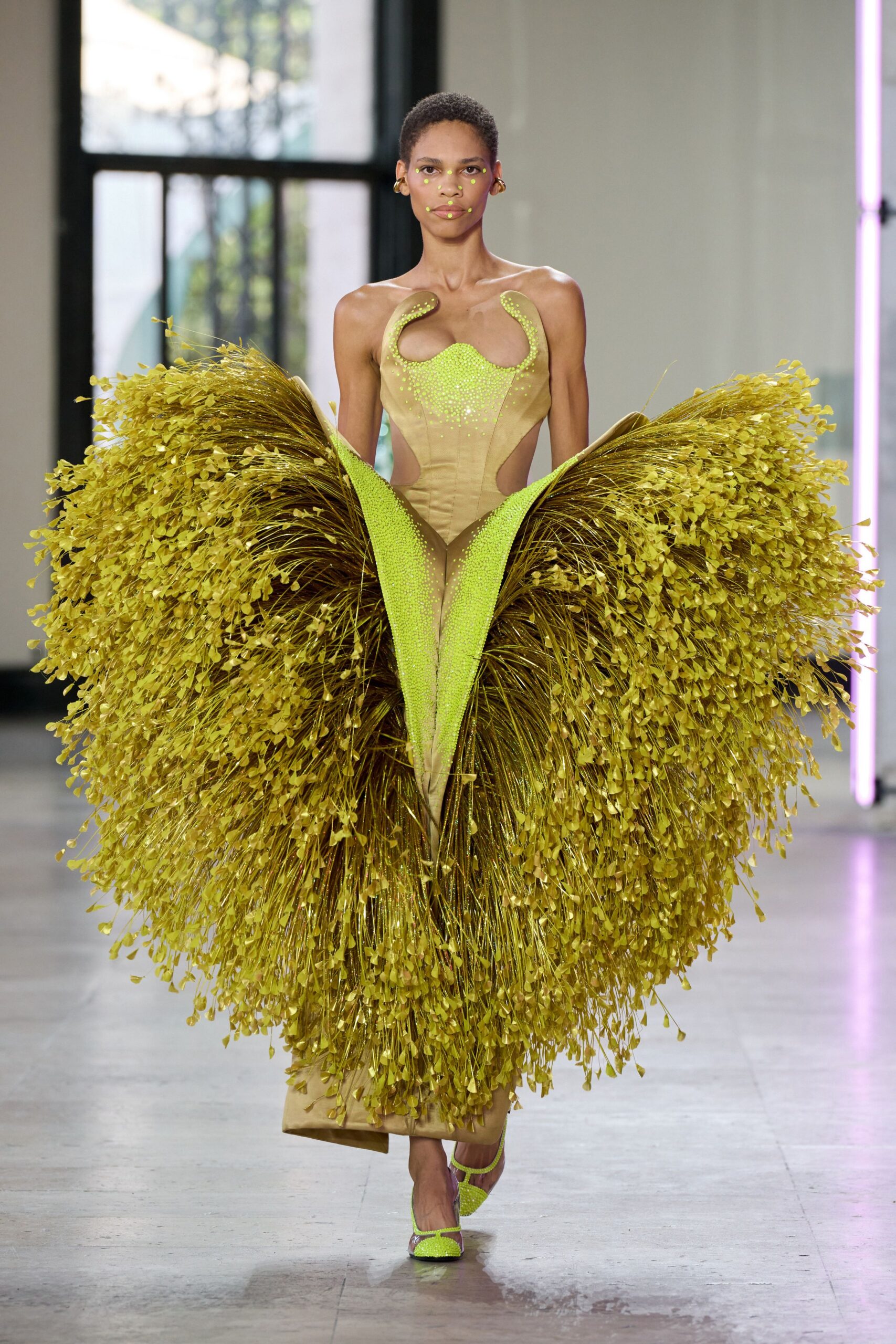 yellow silk sleeveless v-neck fitted pleated embellished gown
