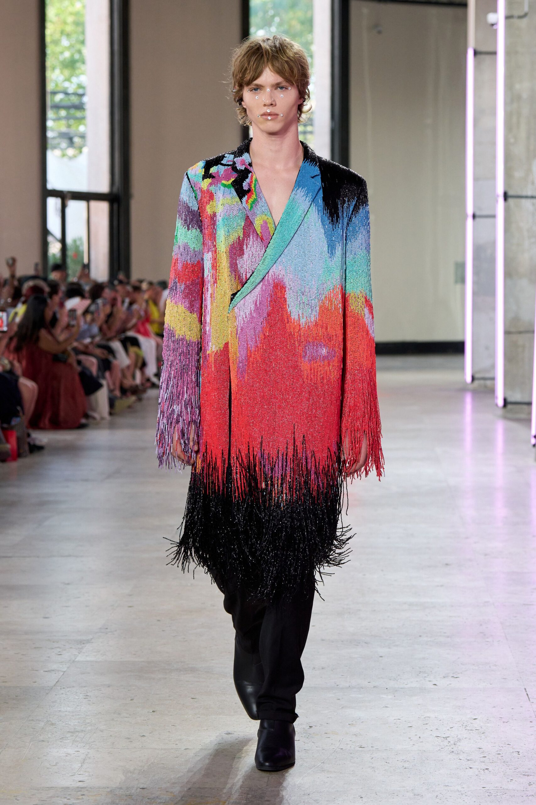 red sequin long-sleeve collared relaxed fringed color-blocked jacket