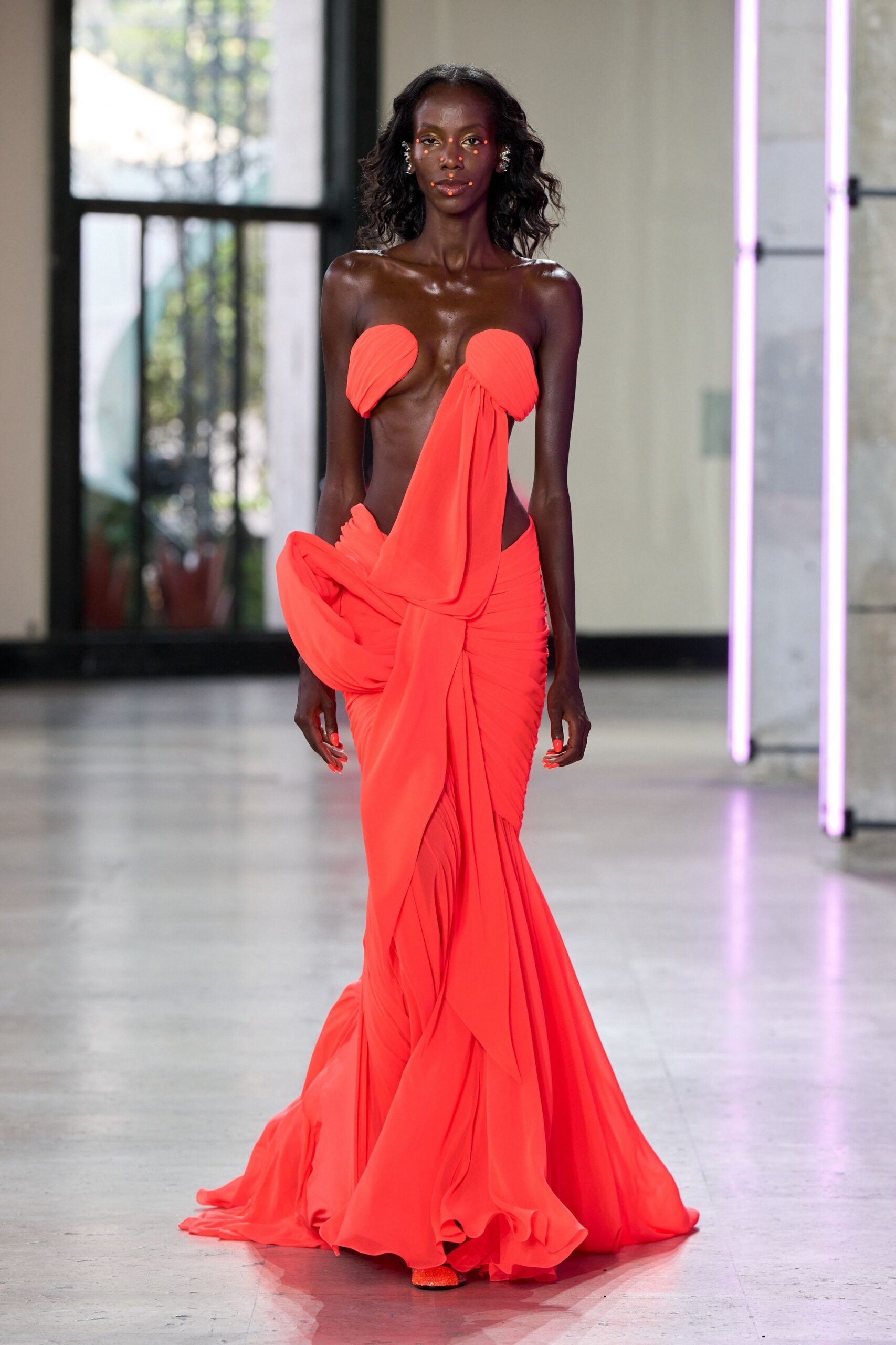 fitted orange strapless gown
