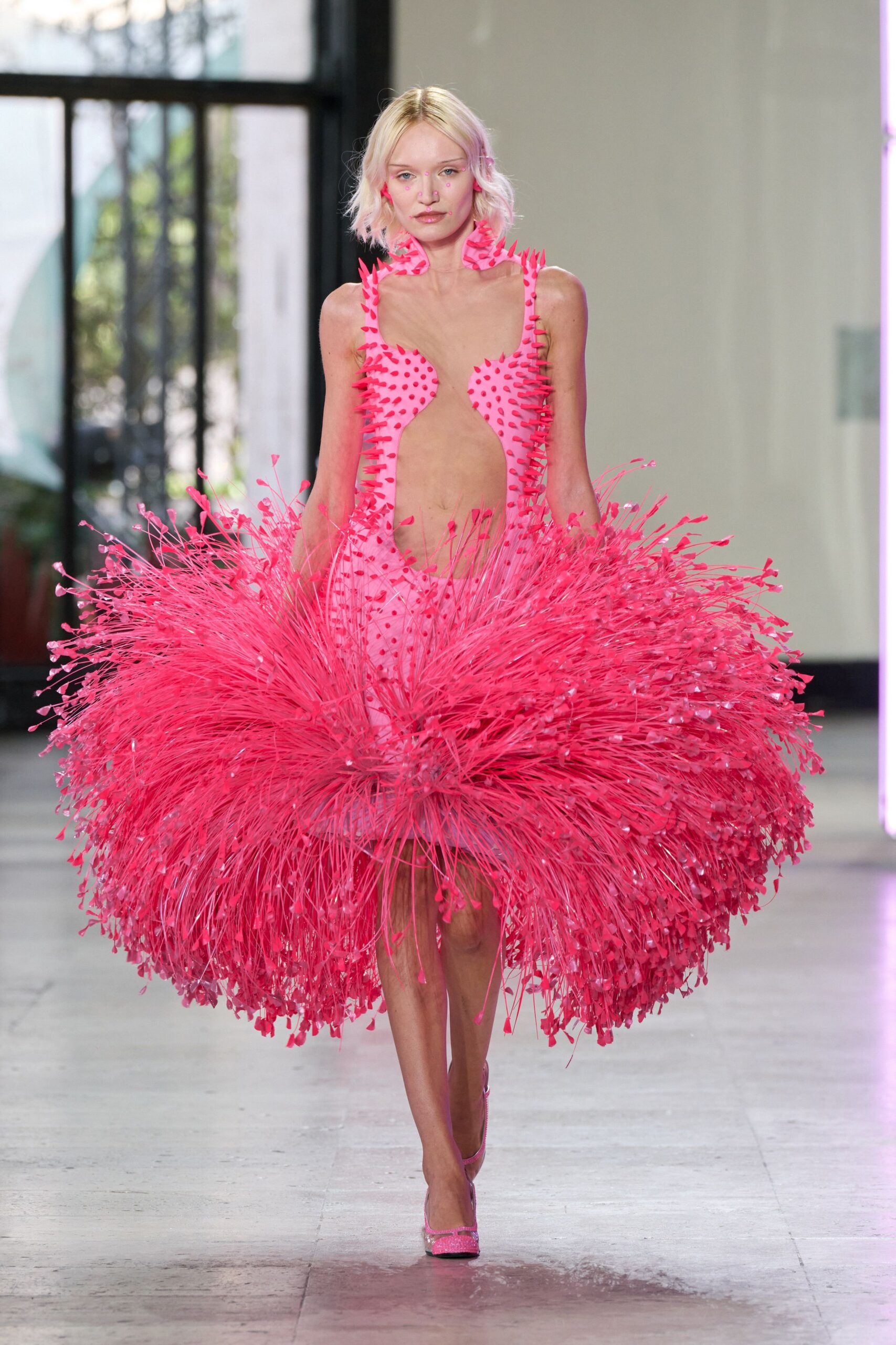 pink silk sleeveless v-neck fitted ruffled embellished dress