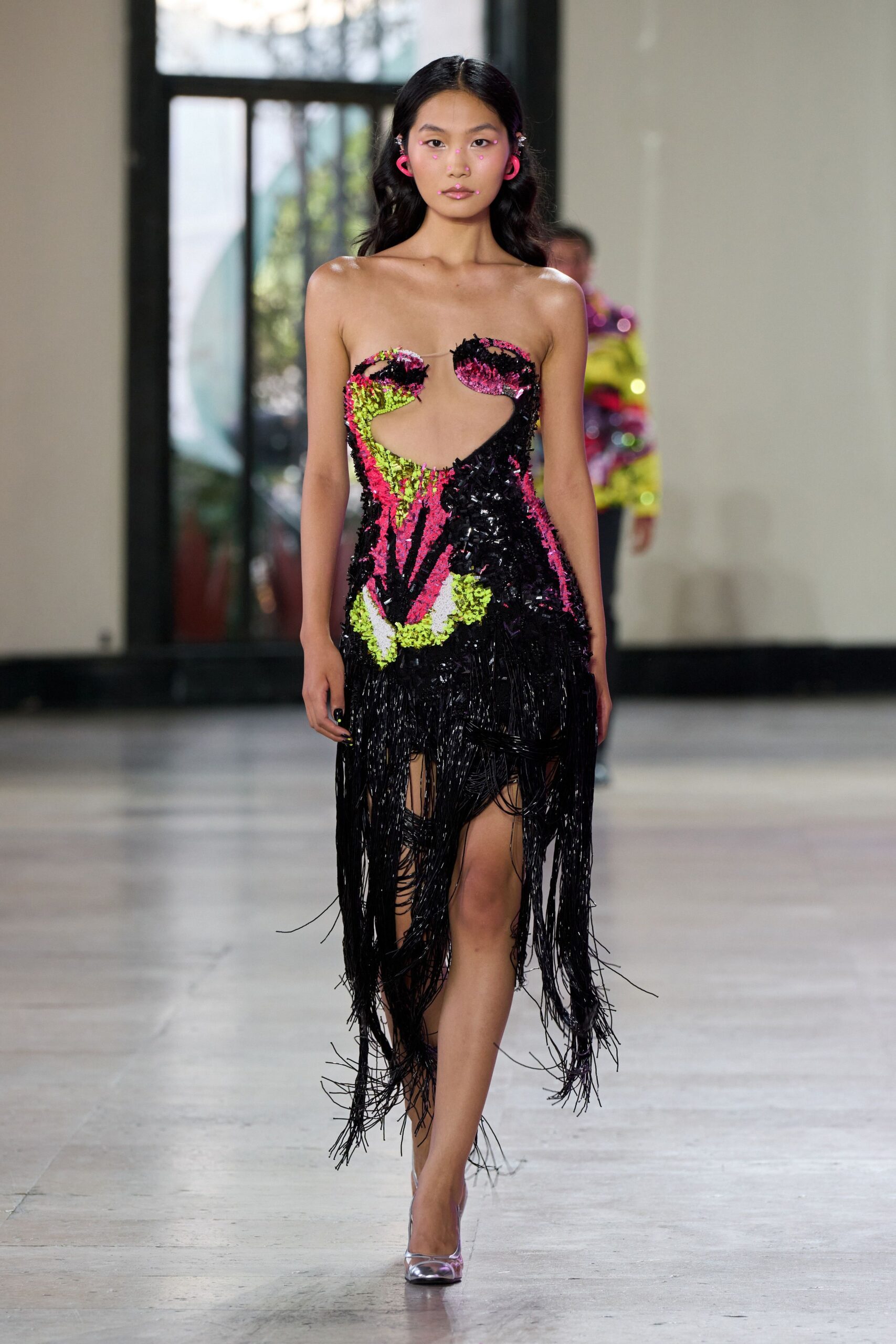 black sequin sleeveless low-cut fitted fringed embellished dress