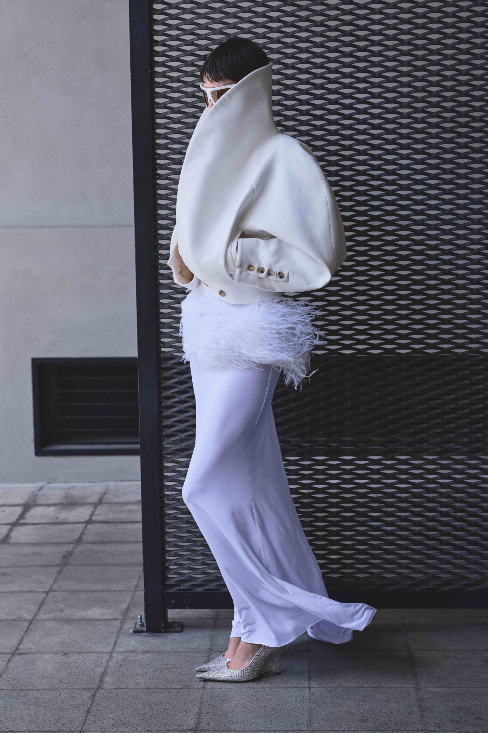 white structured jacket and gown