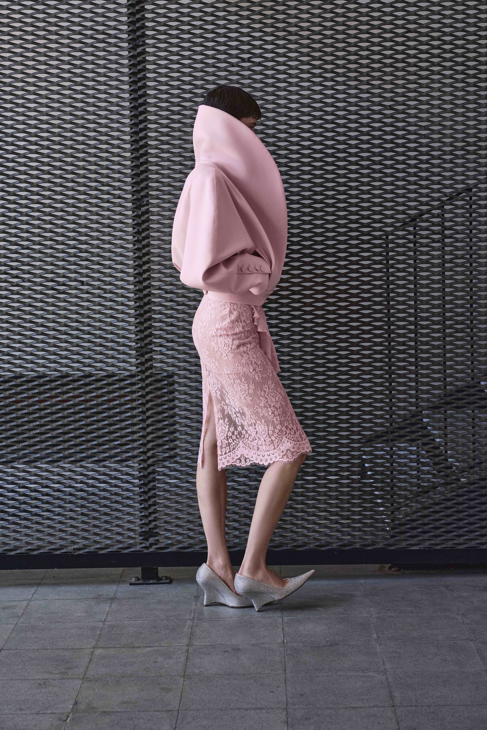 pink oversized top with lace skirt