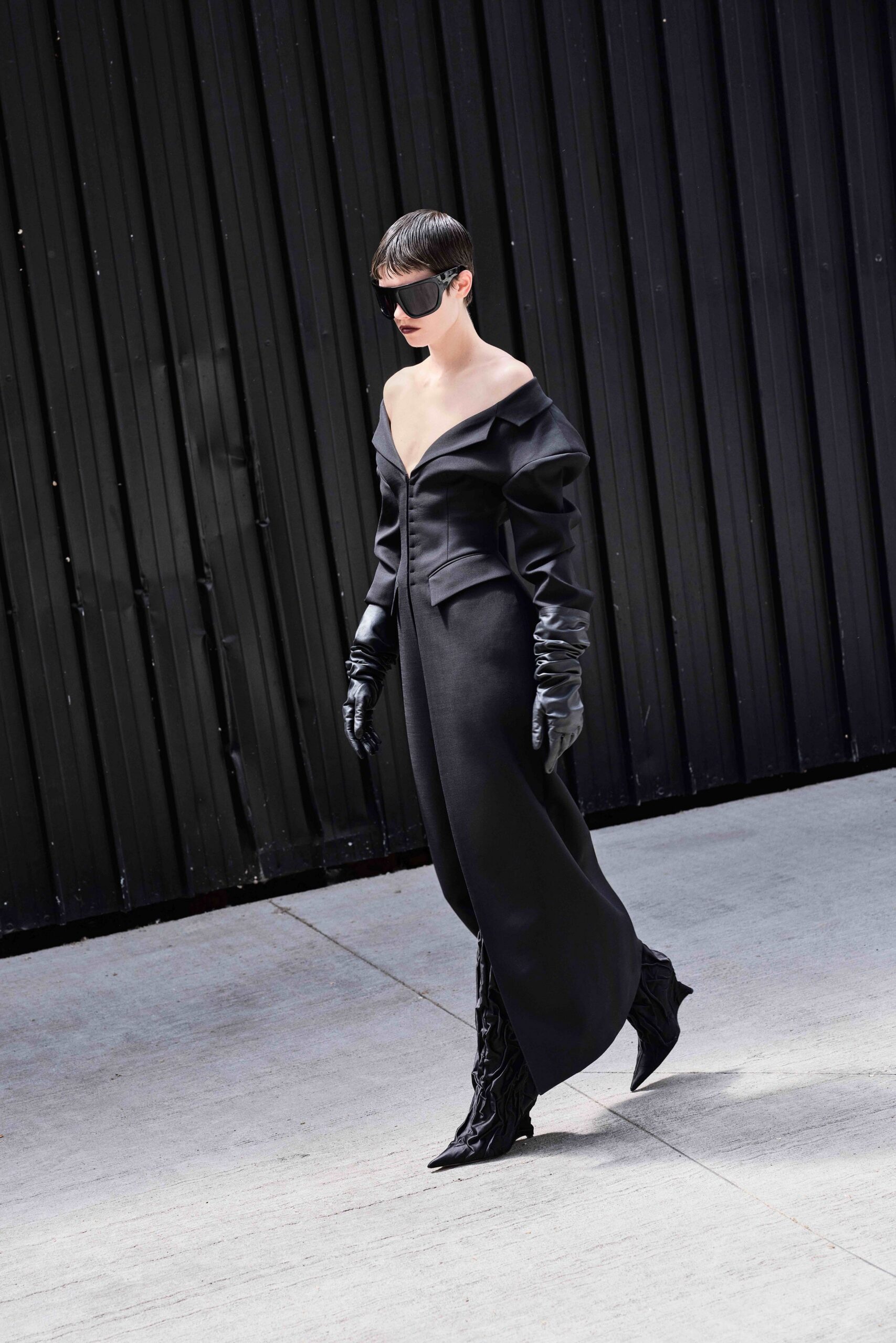 black silk off-shoulder gown