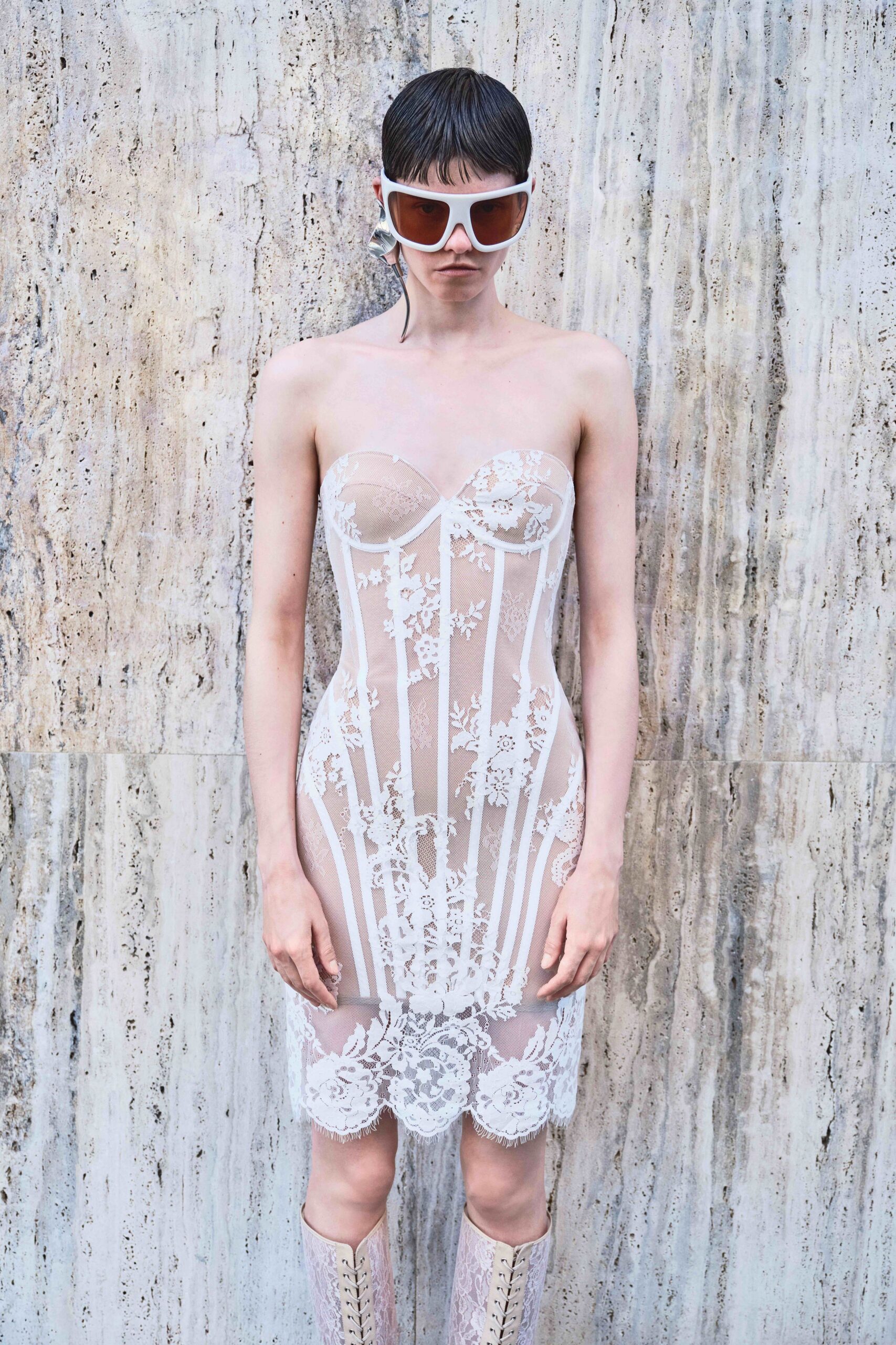 white lace strapless mini dress