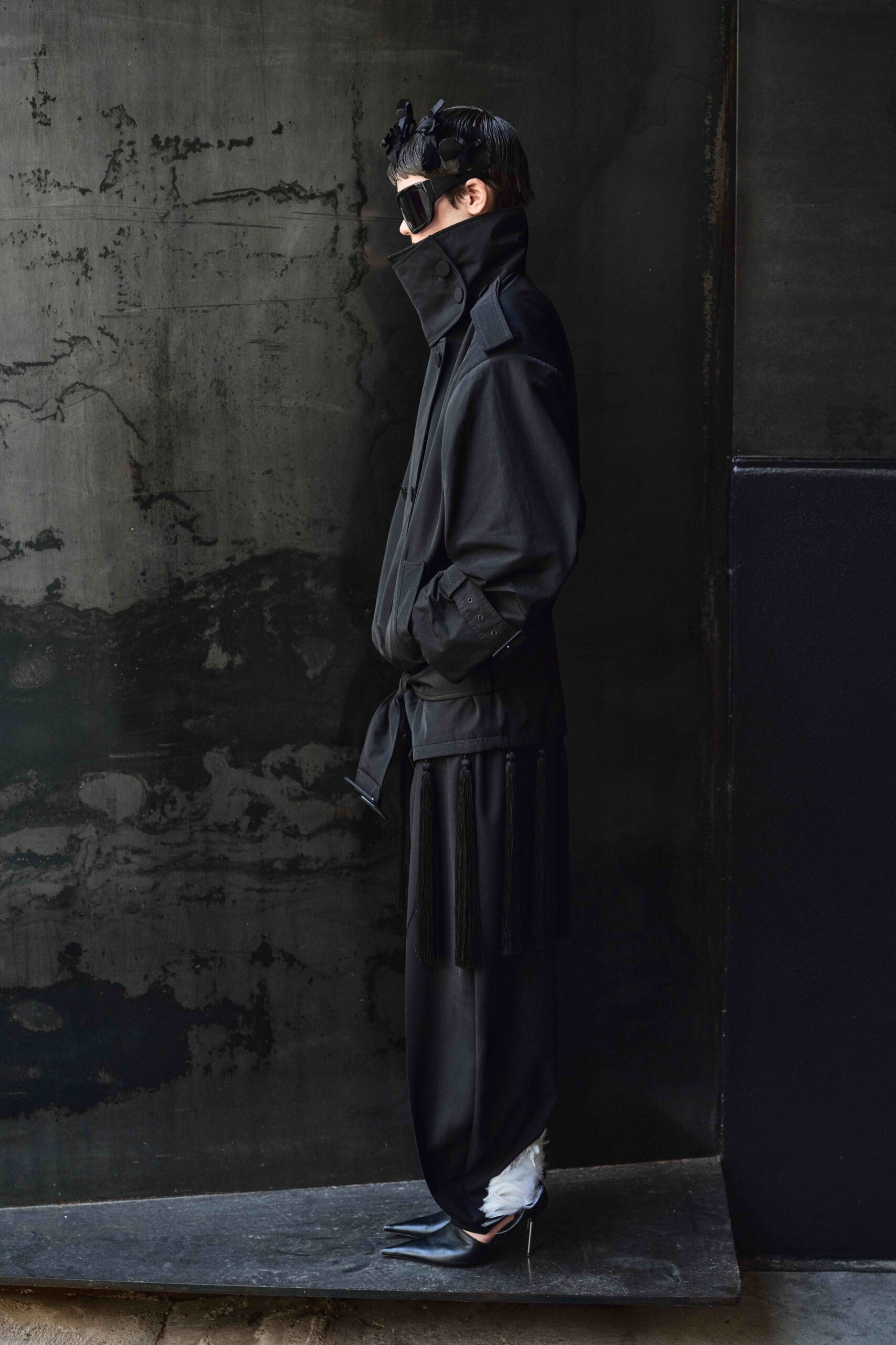 black oversized coat with wide-leg pants