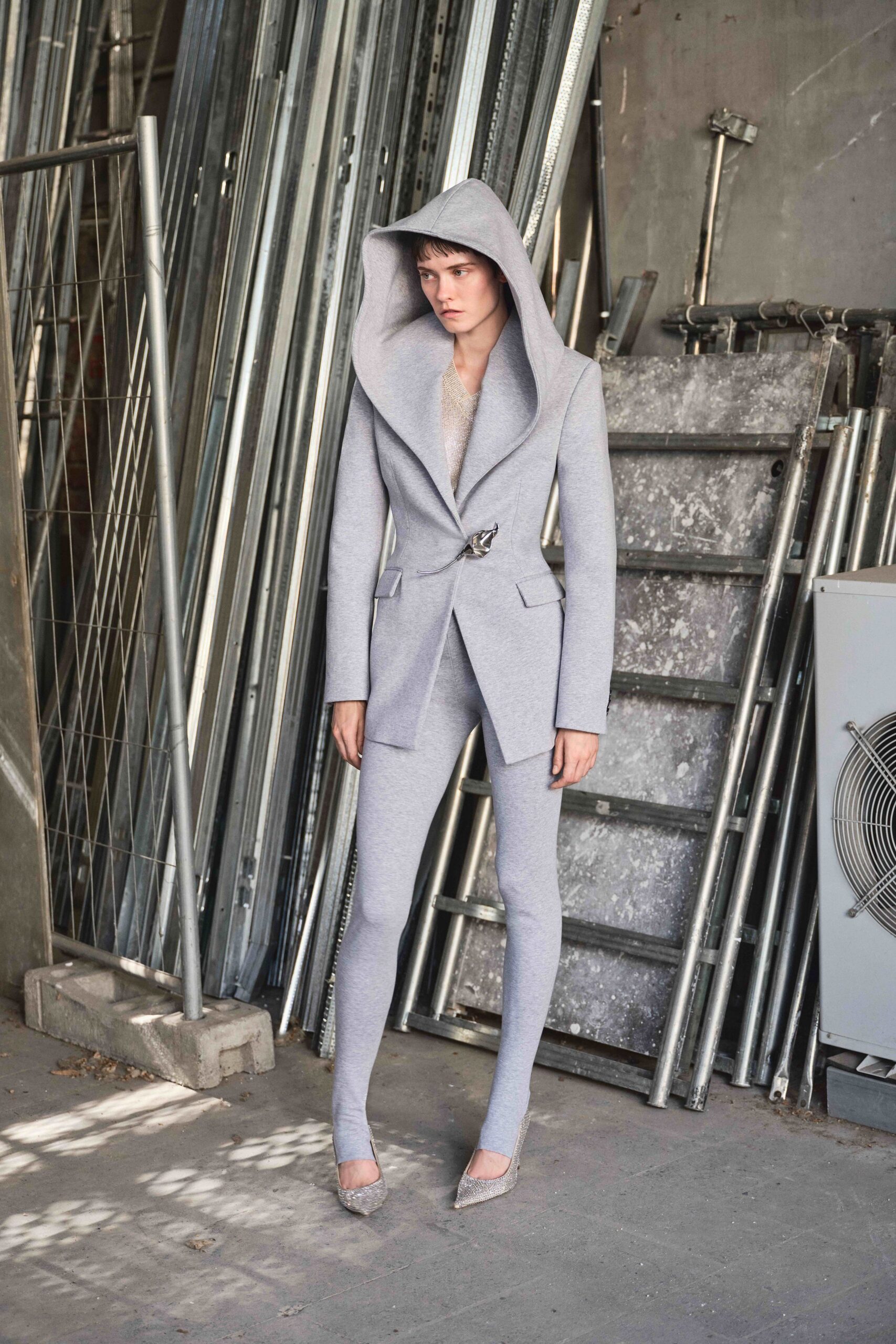 gray structured blazer with hood