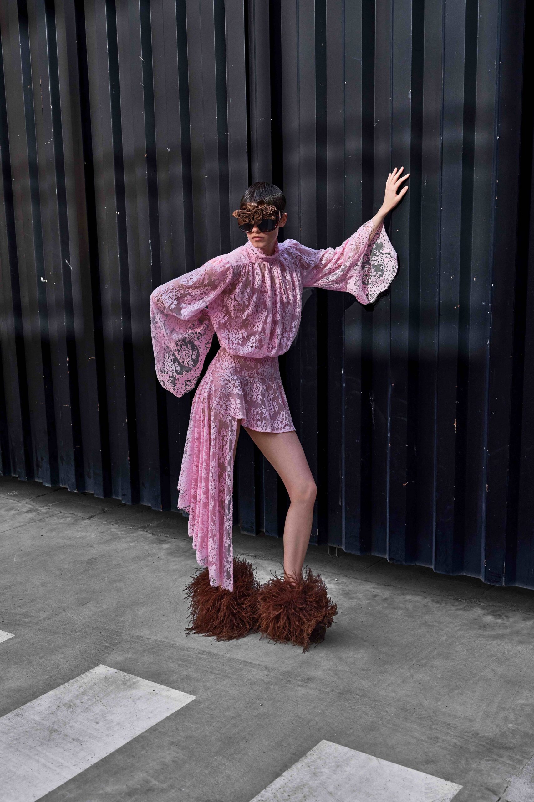 pink lace mini dress with fur shoes