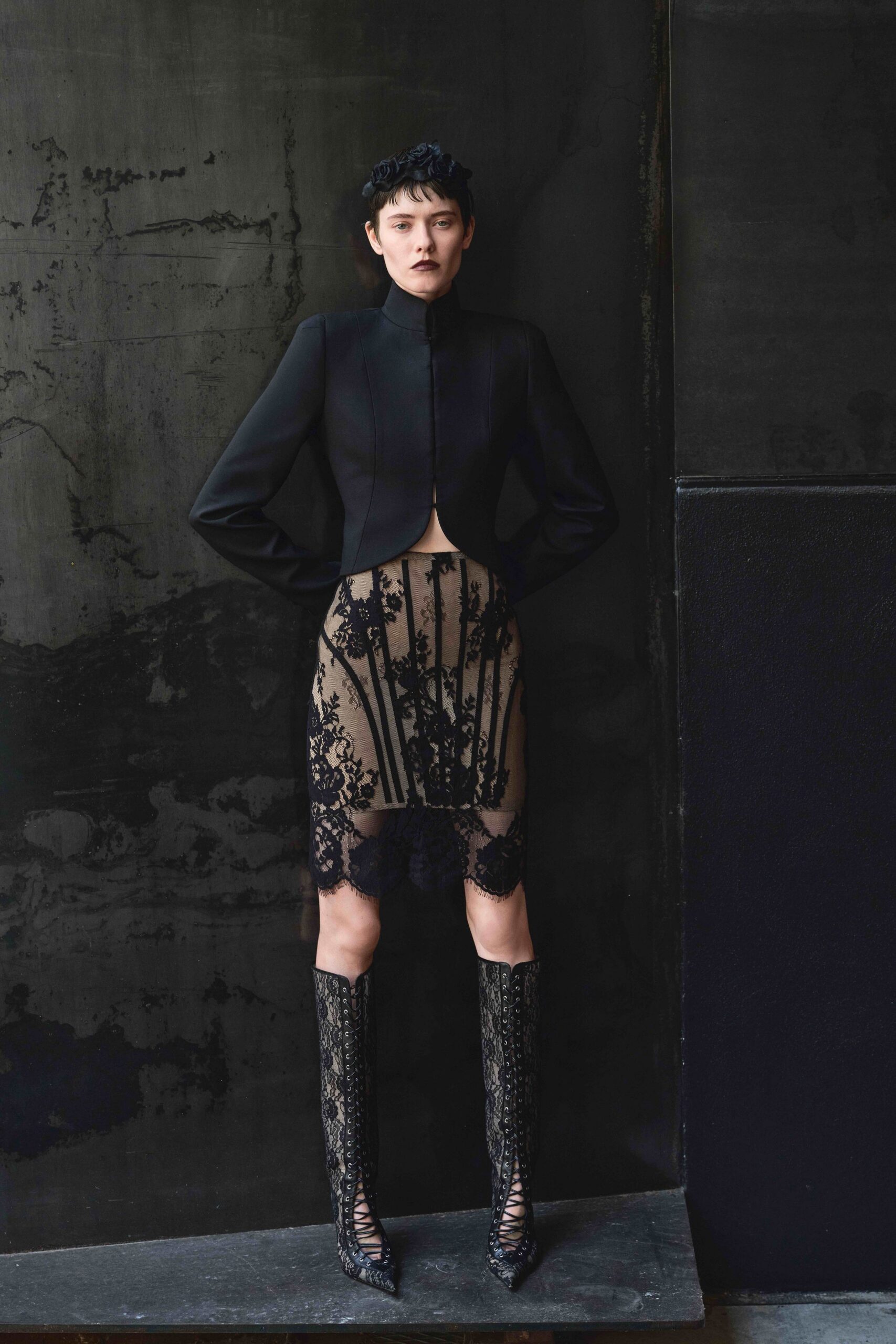 black silk jacket and lace dress