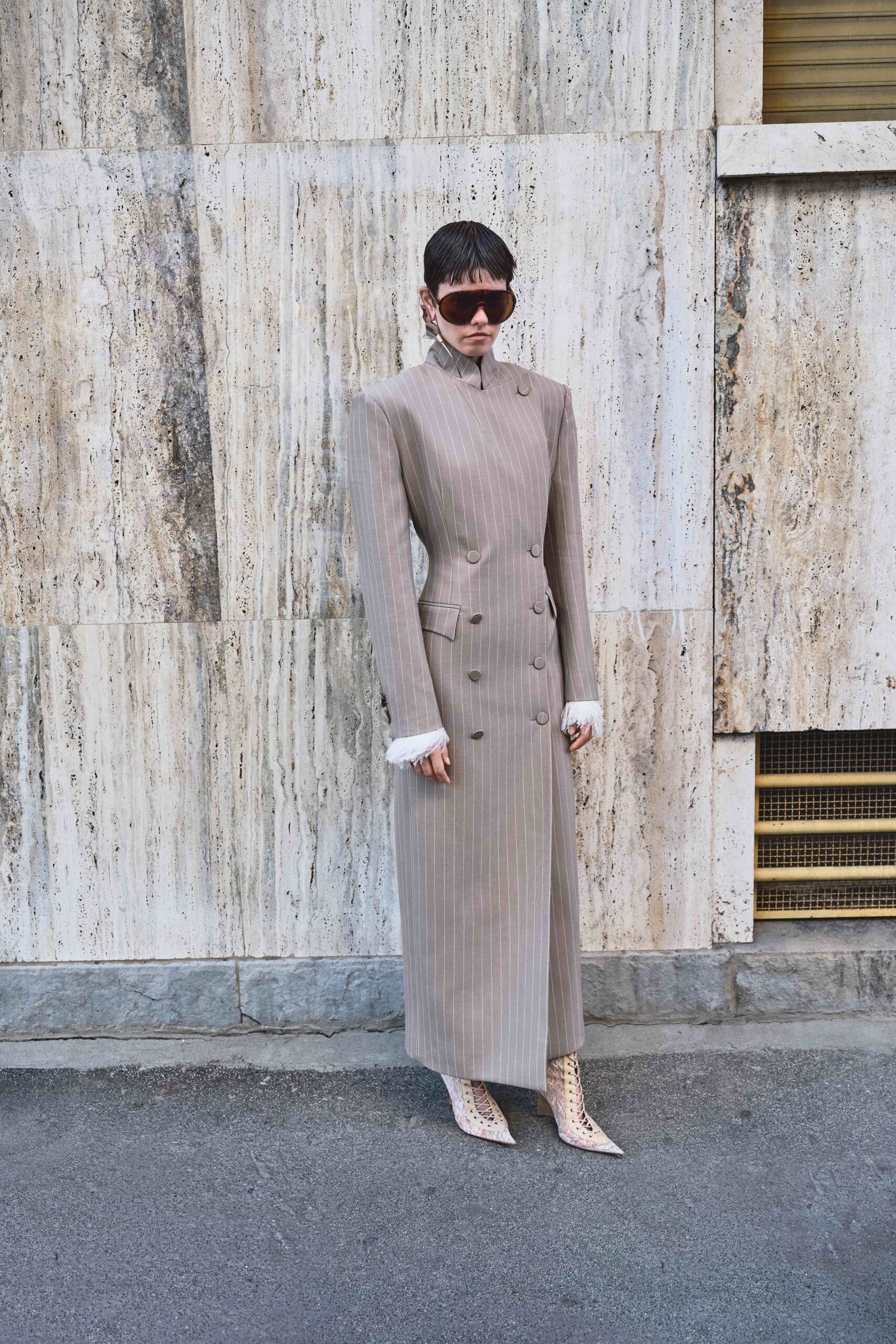 beige silk long-sleeve collared fitted striped maxi gown
