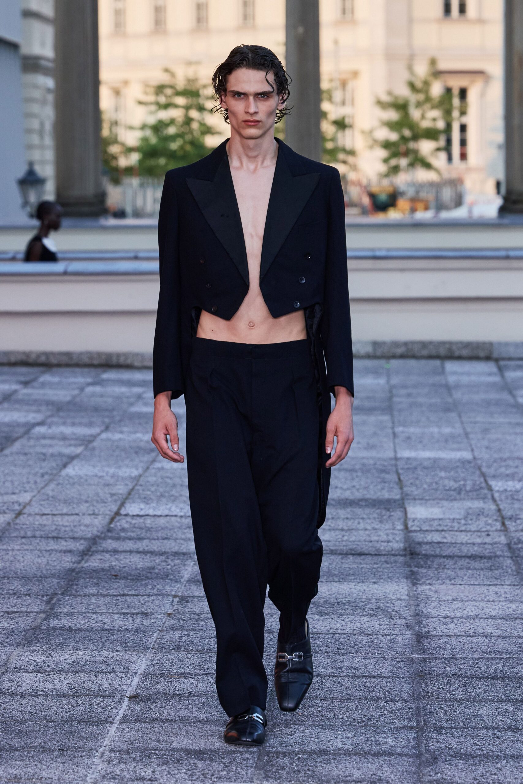 black wool tailored straight-leg pants