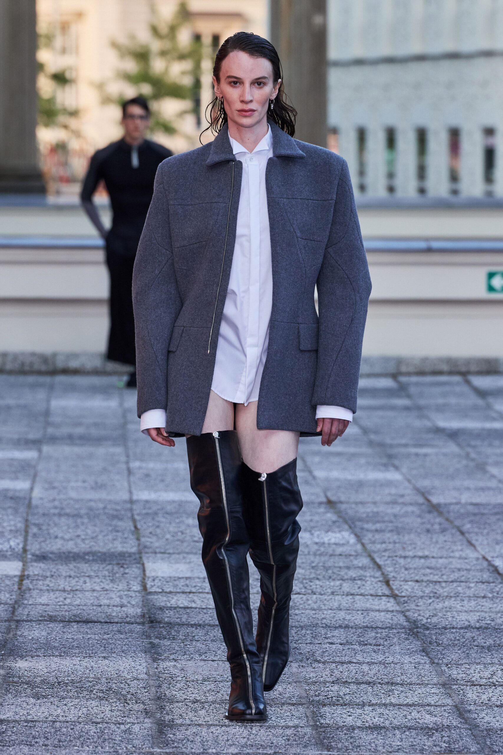 gray wool long-sleeve collared structured jacket