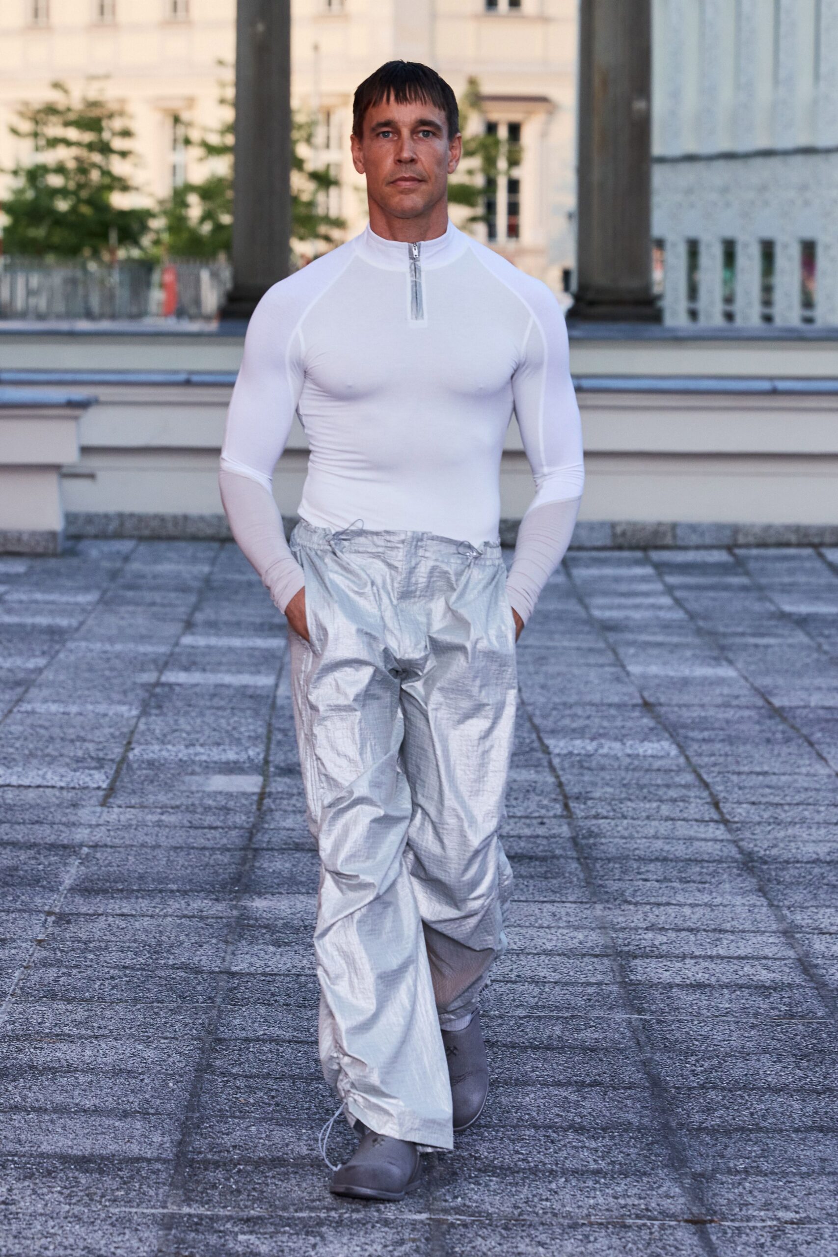 white fitted top silver pants