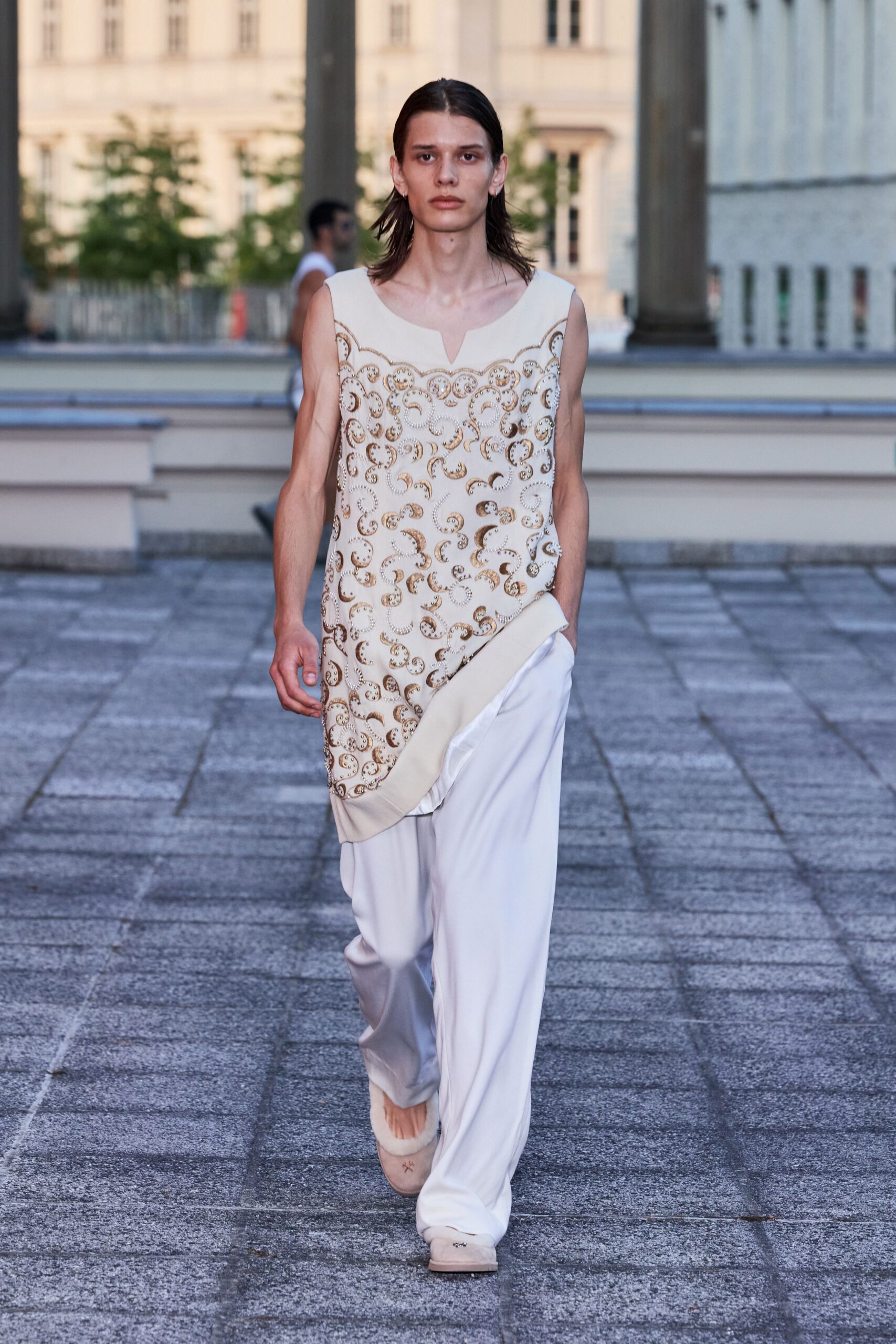 white silk sleeveless v-neck relaxed embroidered top