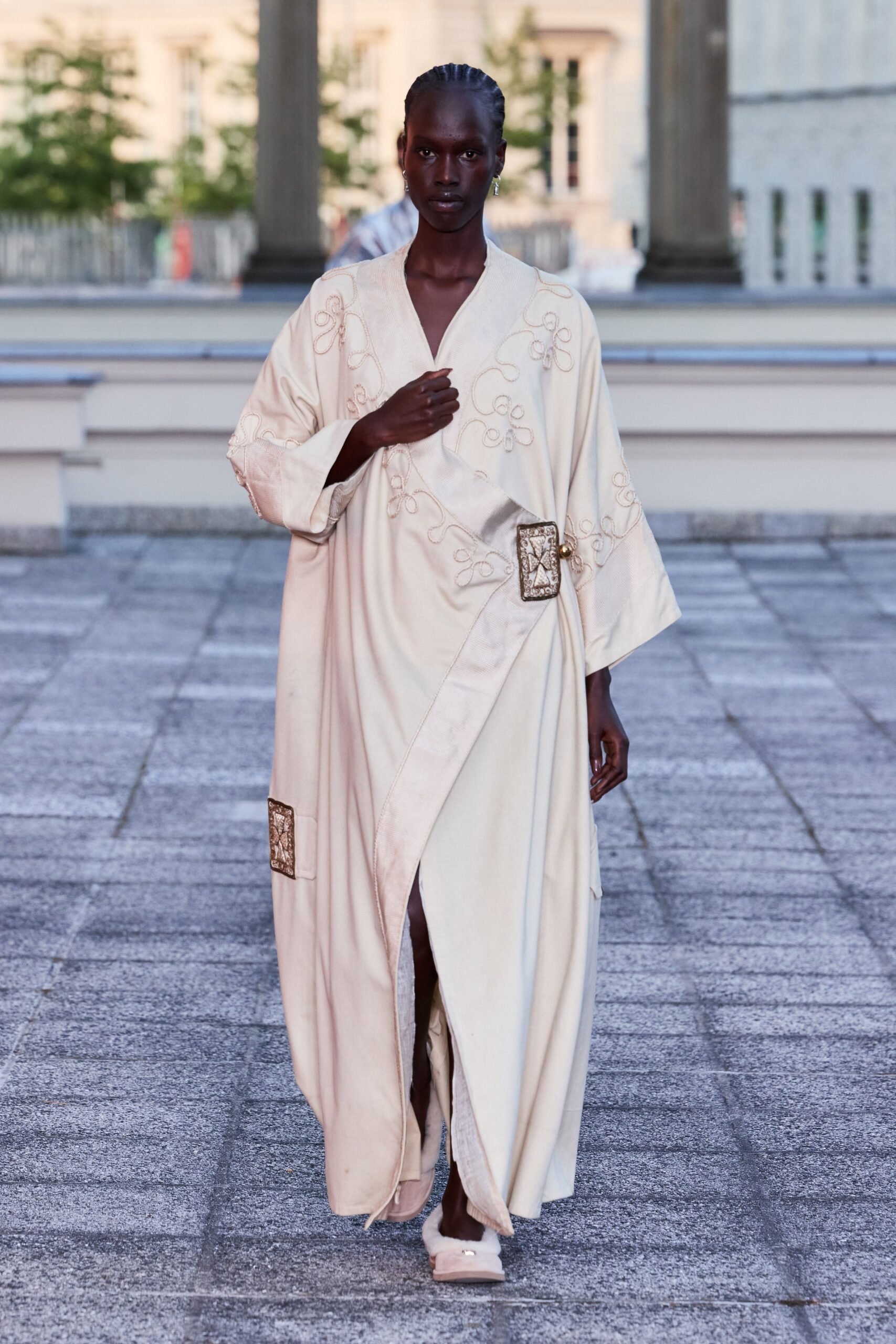 ivory silk long-sleeve v-neck relaxed embroidered tiered gown
