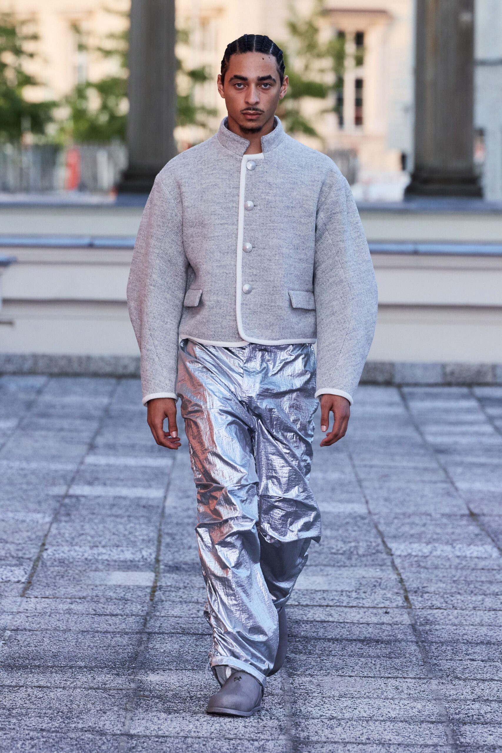 gray metallic relaxed straight-leg shiny pants