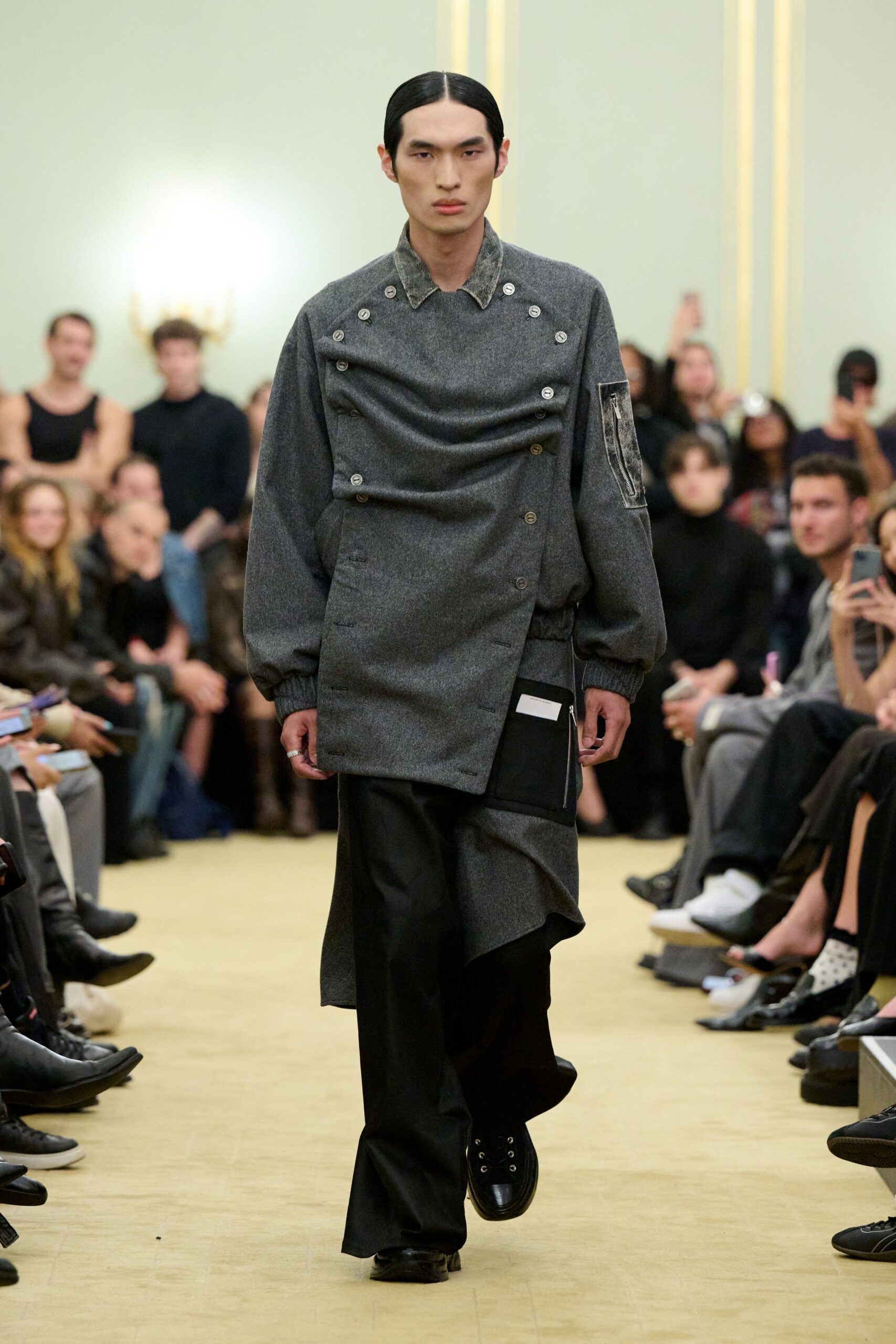 gray oversized jacket with black pants