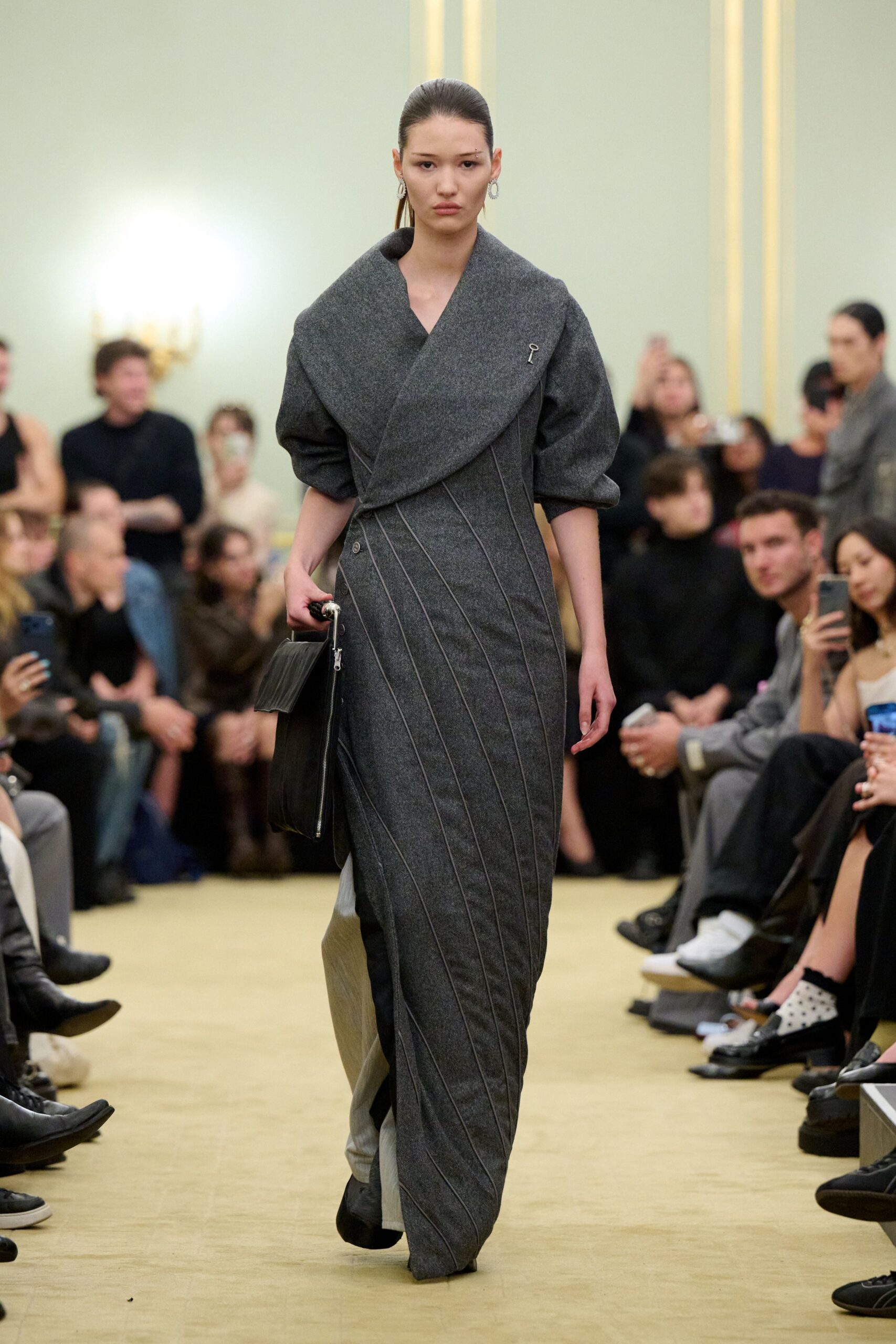 gray wool fitted maxi dress