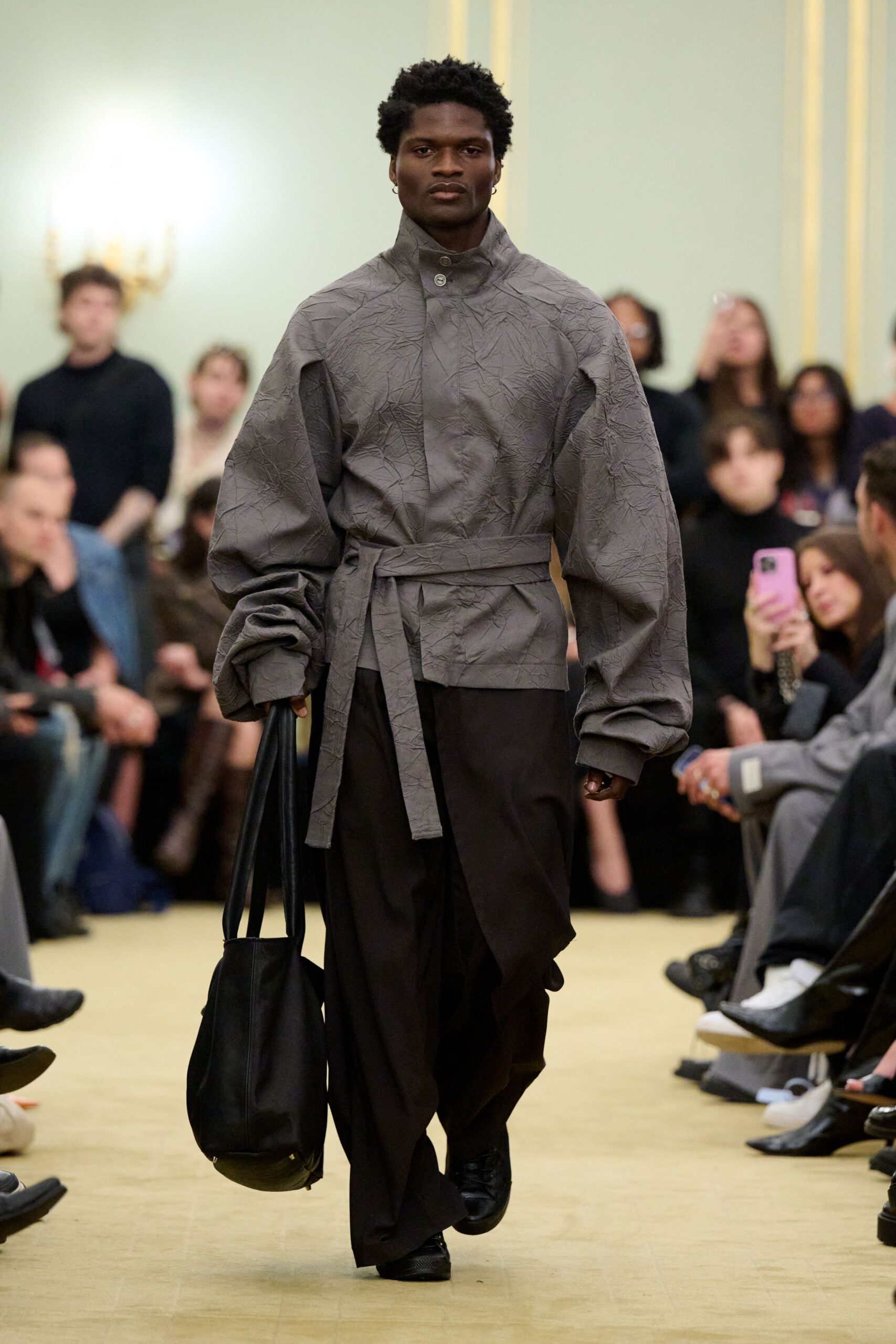 gray relaxed jacket with black pants