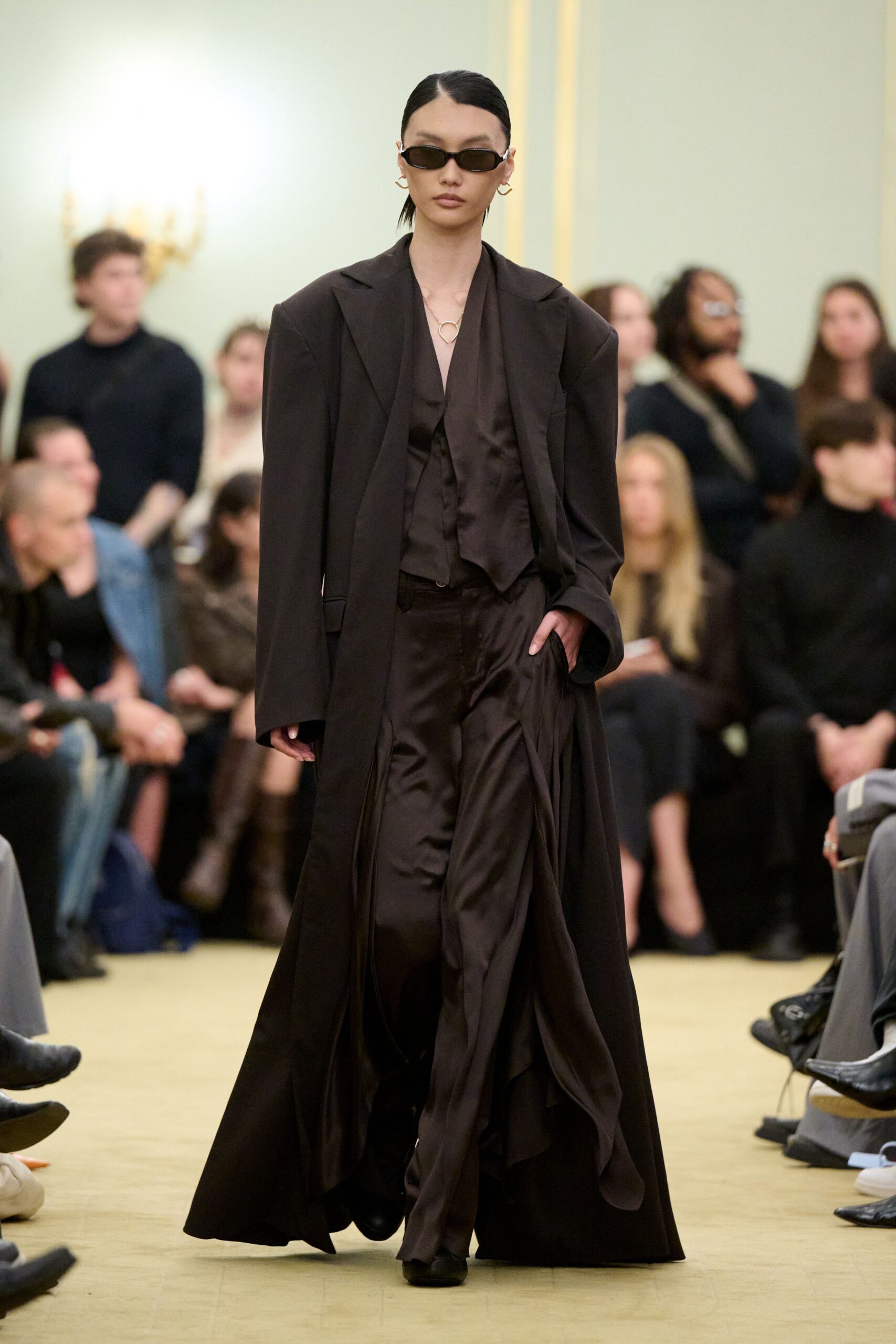 black oversized coat with silk pants