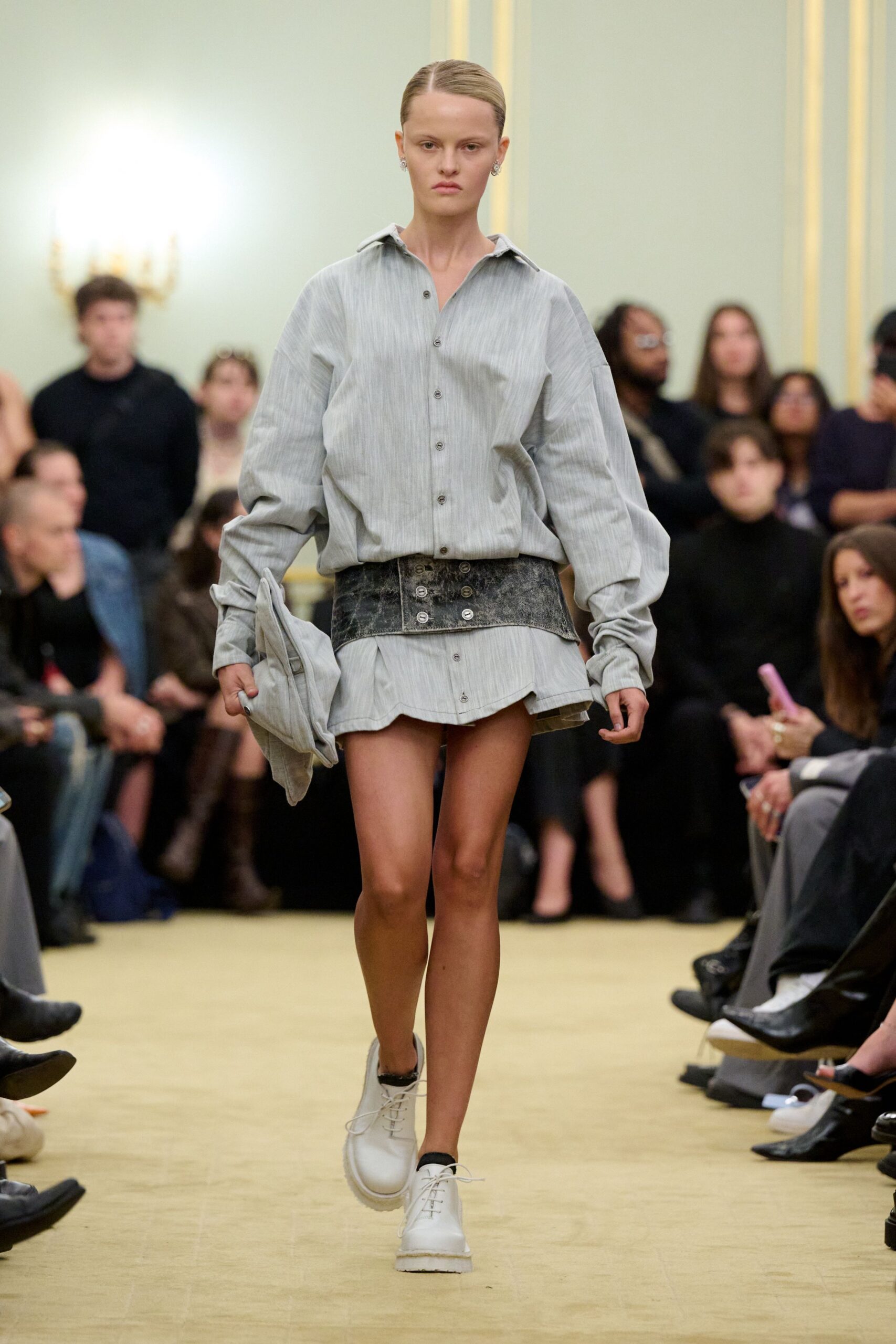 gray oversized shirt black mini skirt
