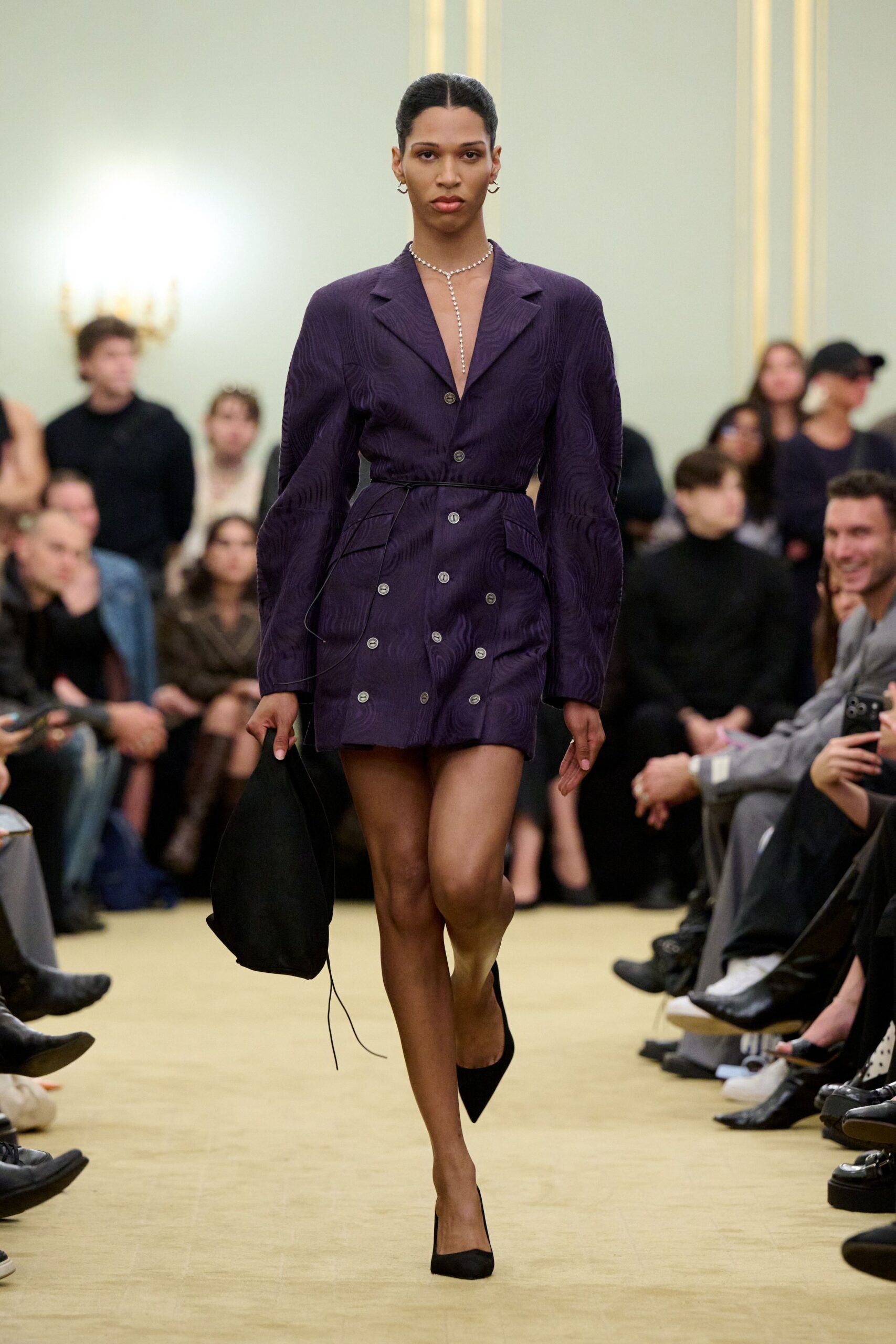 purple cotton long-sleeve v-neck fitted buttoned pleated blazer