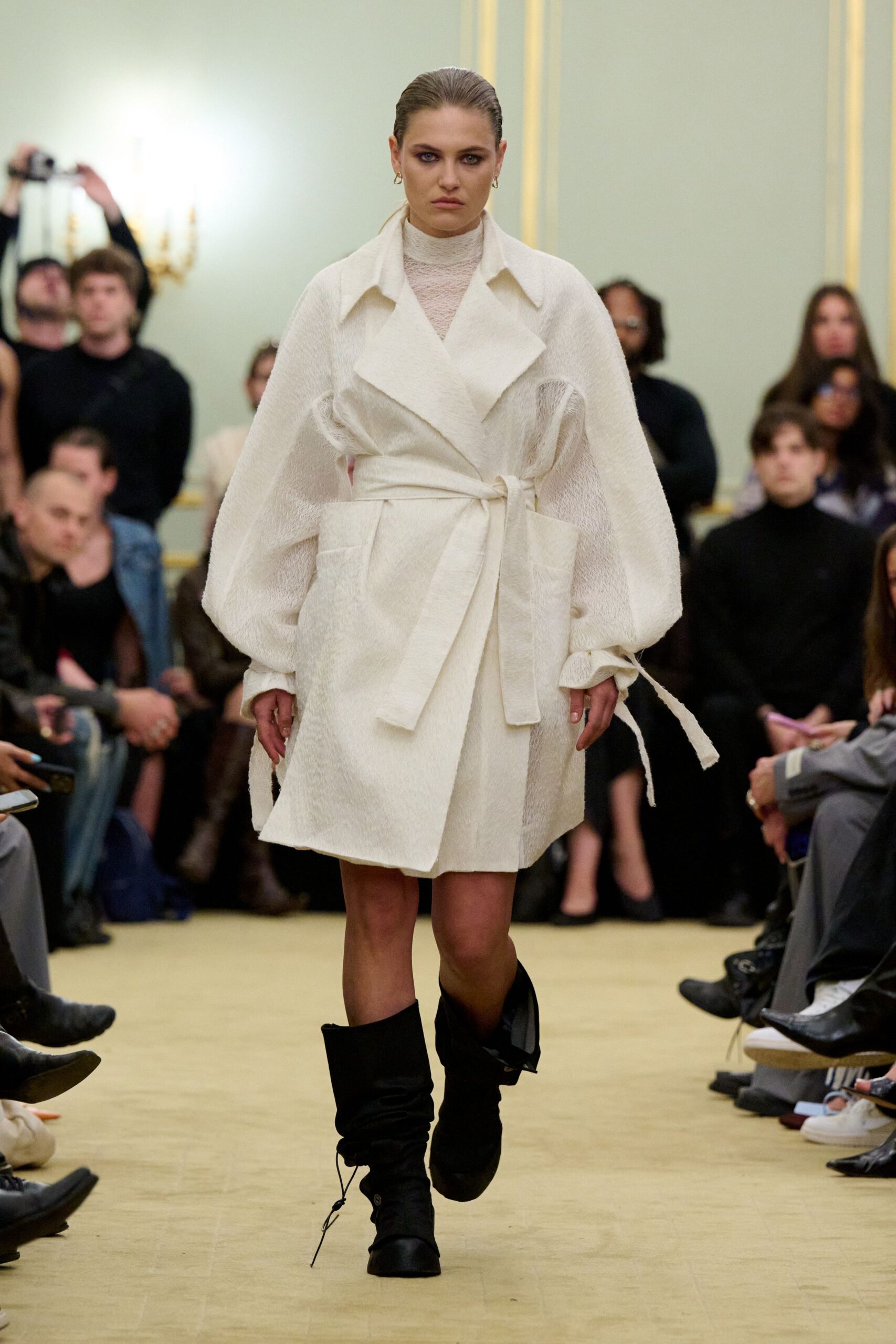 white relaxed coat with beige top