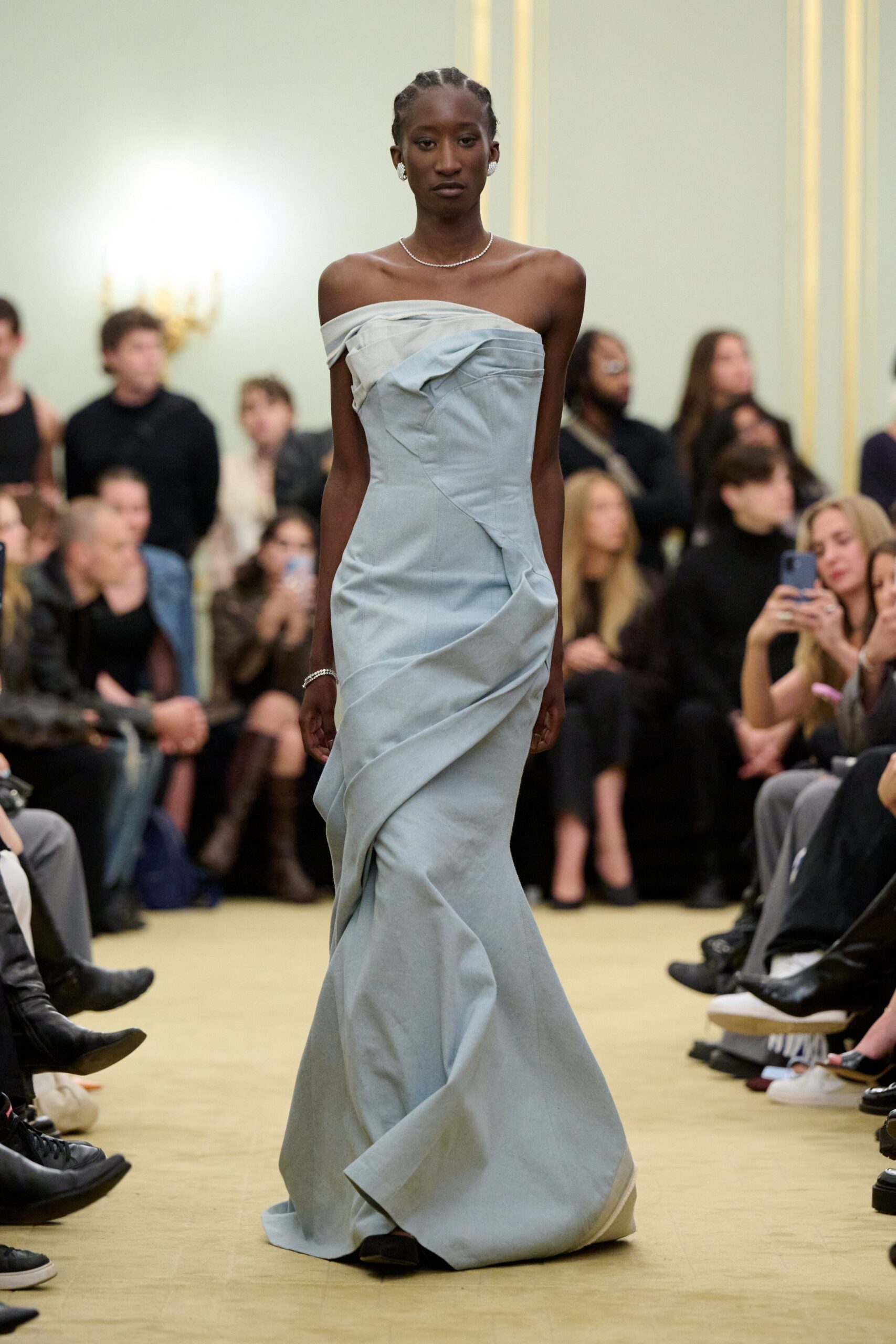 blue strapless draped gown