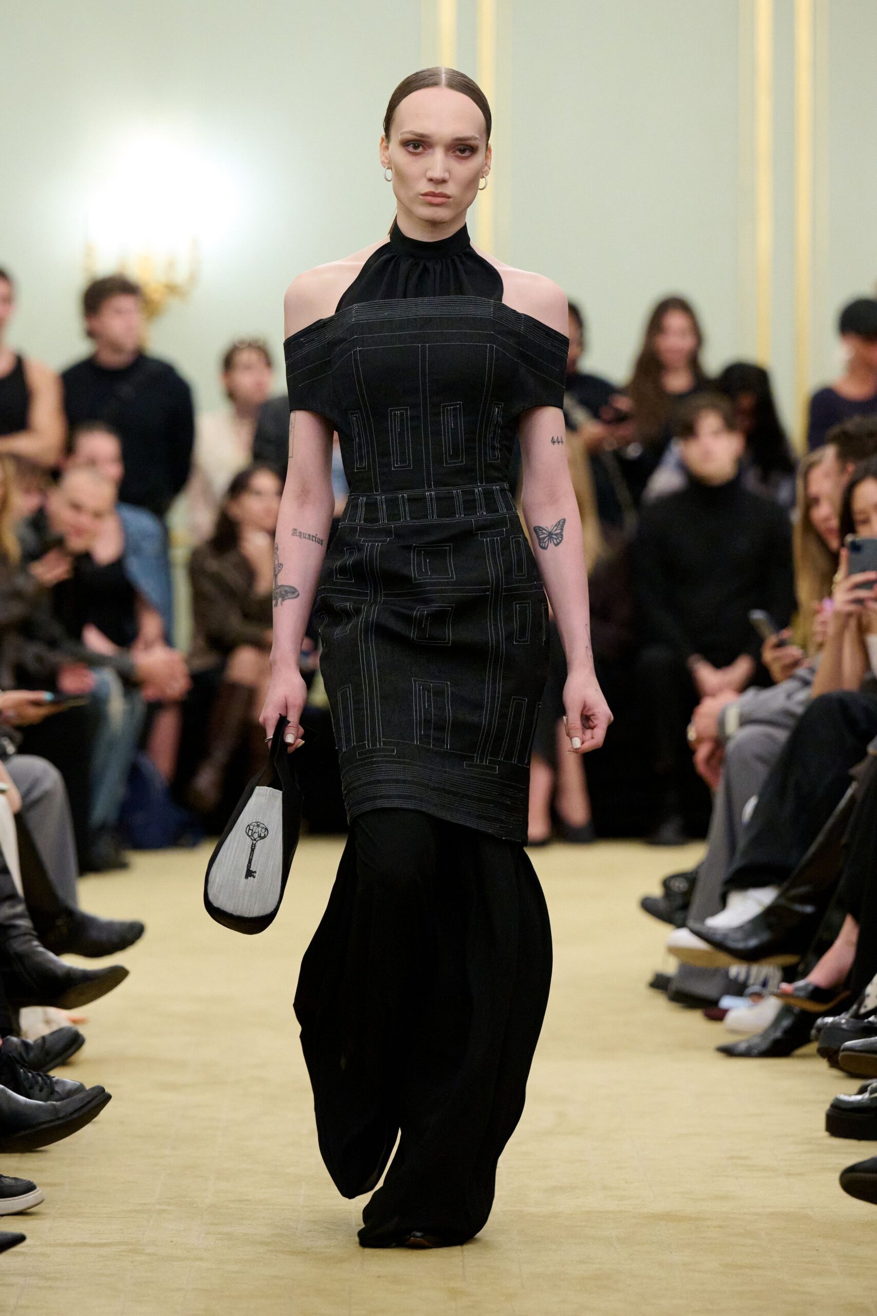 black off-shoulder embroidered dress