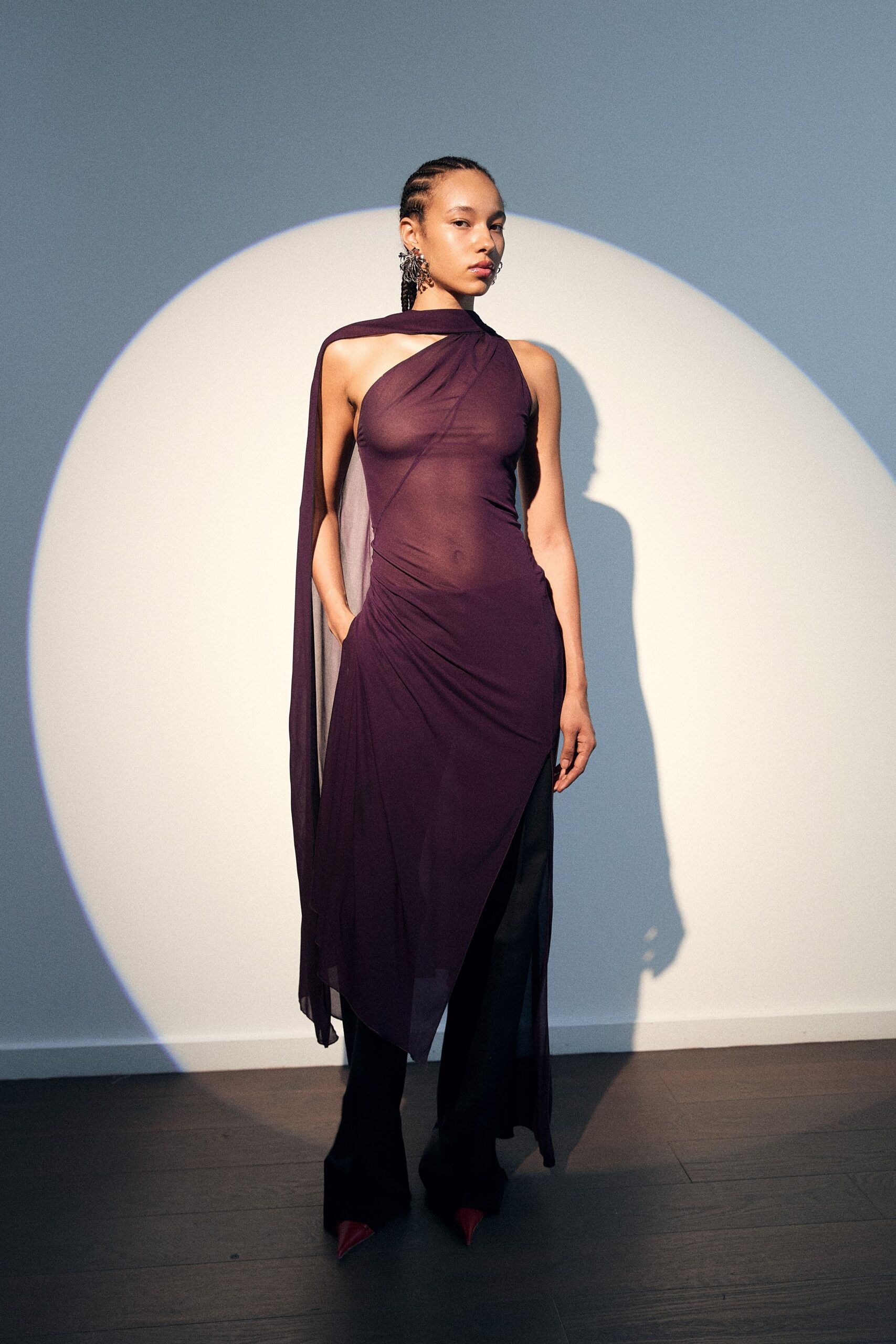 purple chiffon sleeveless asymmetric fitted draped sheer dress