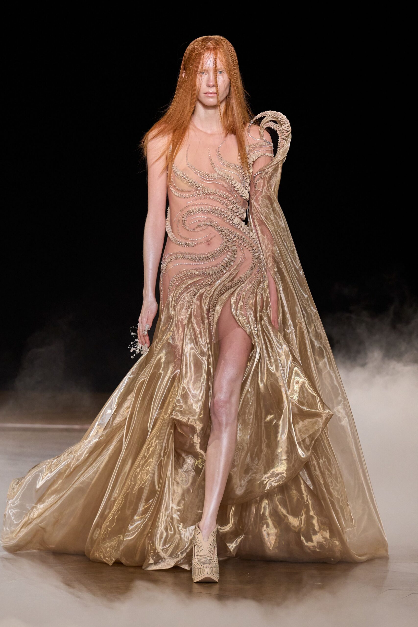 gold silk fitted gown