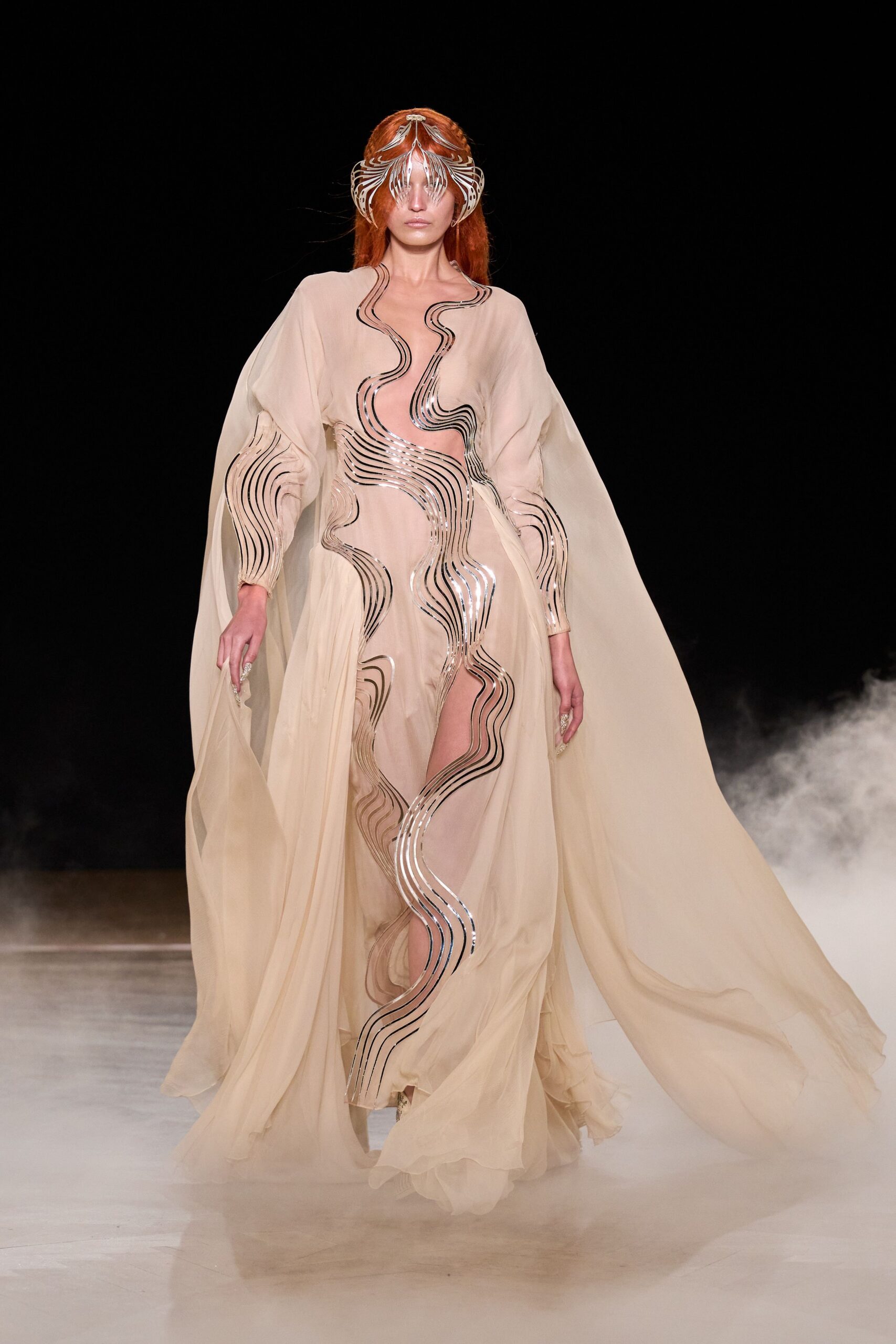 beige chiffon sleeveless gown