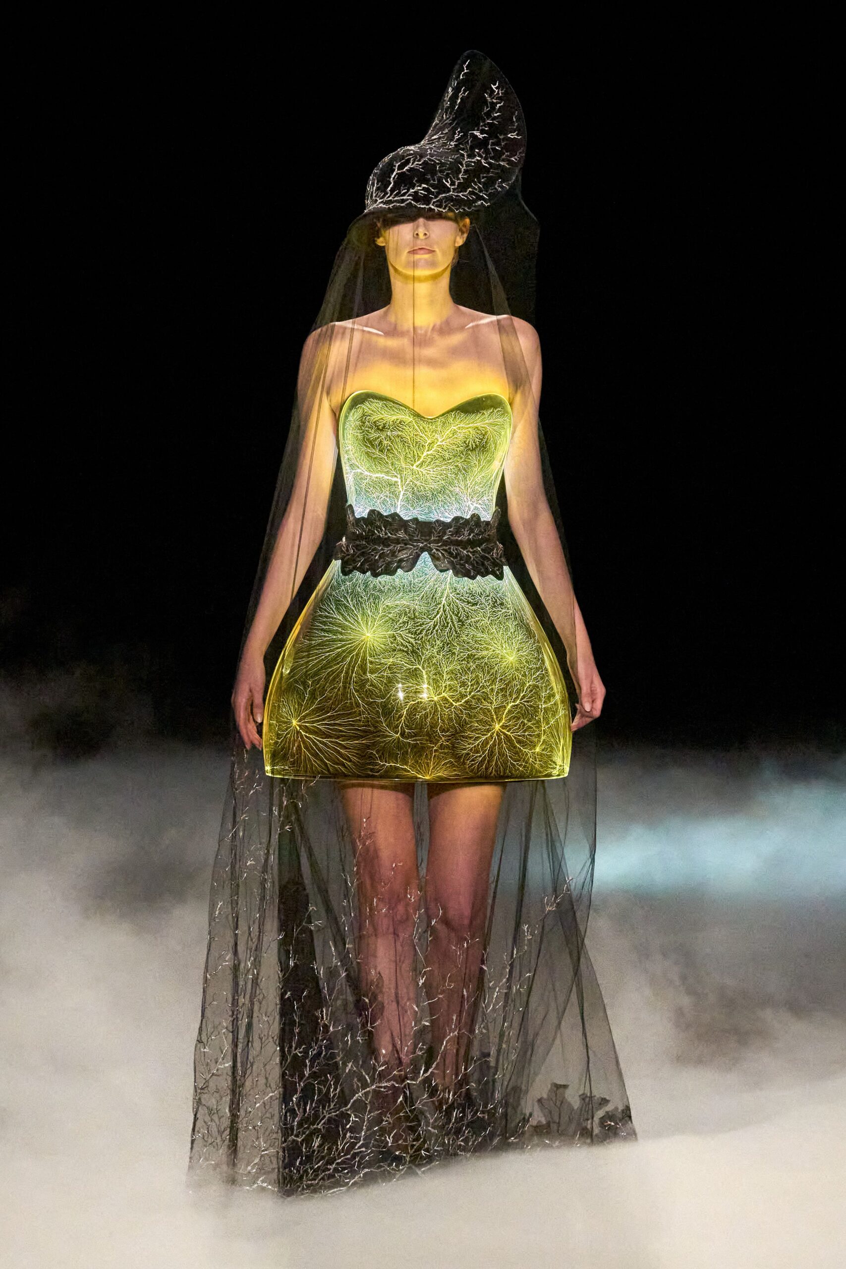 yellow black strapless mini dress with hat