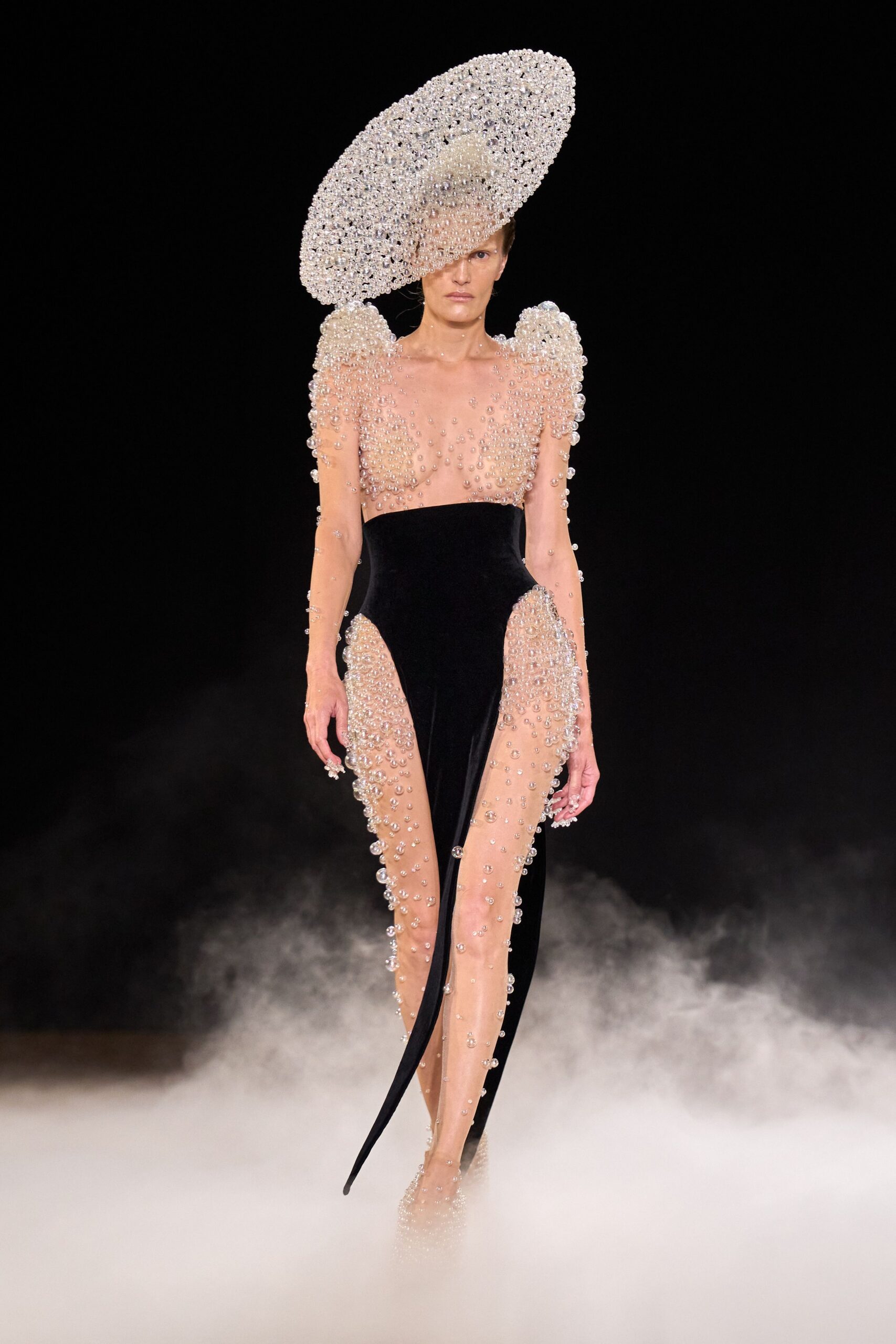 black velvet beaded gown with hat
