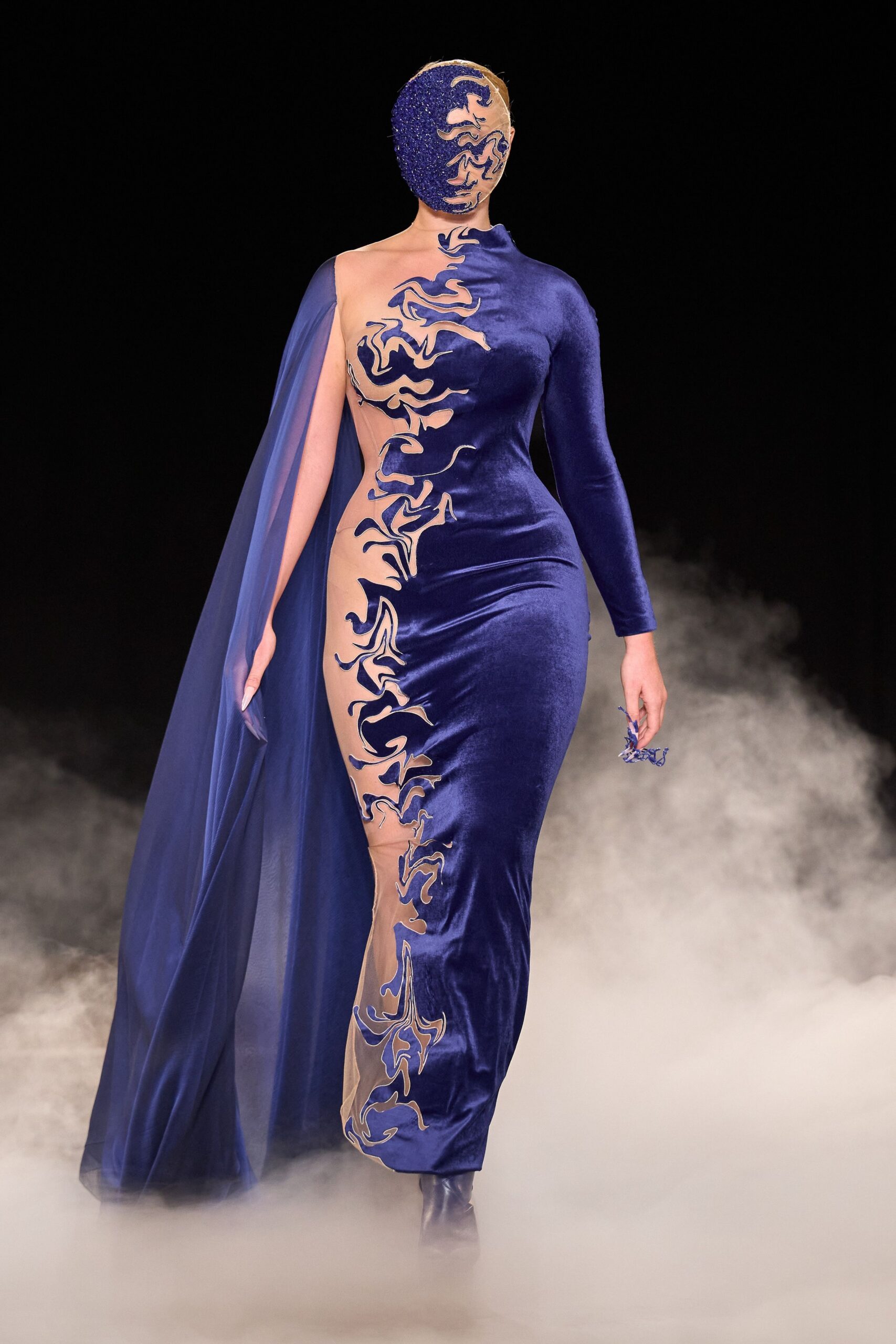blue velvet fitted gown