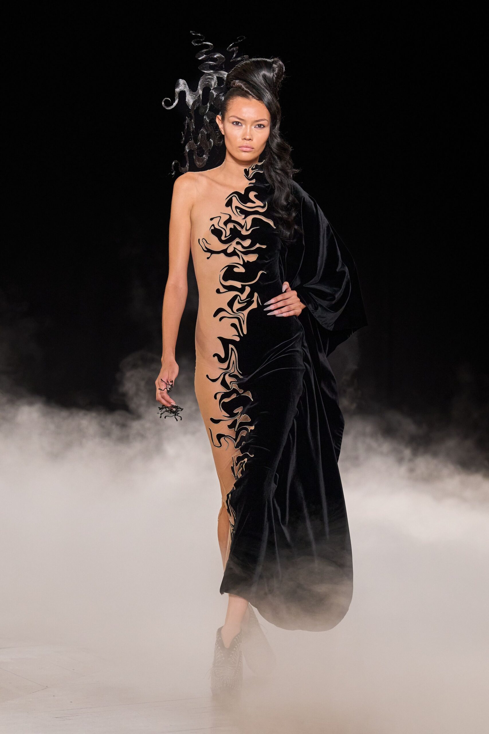 black velvet asymmetric gown