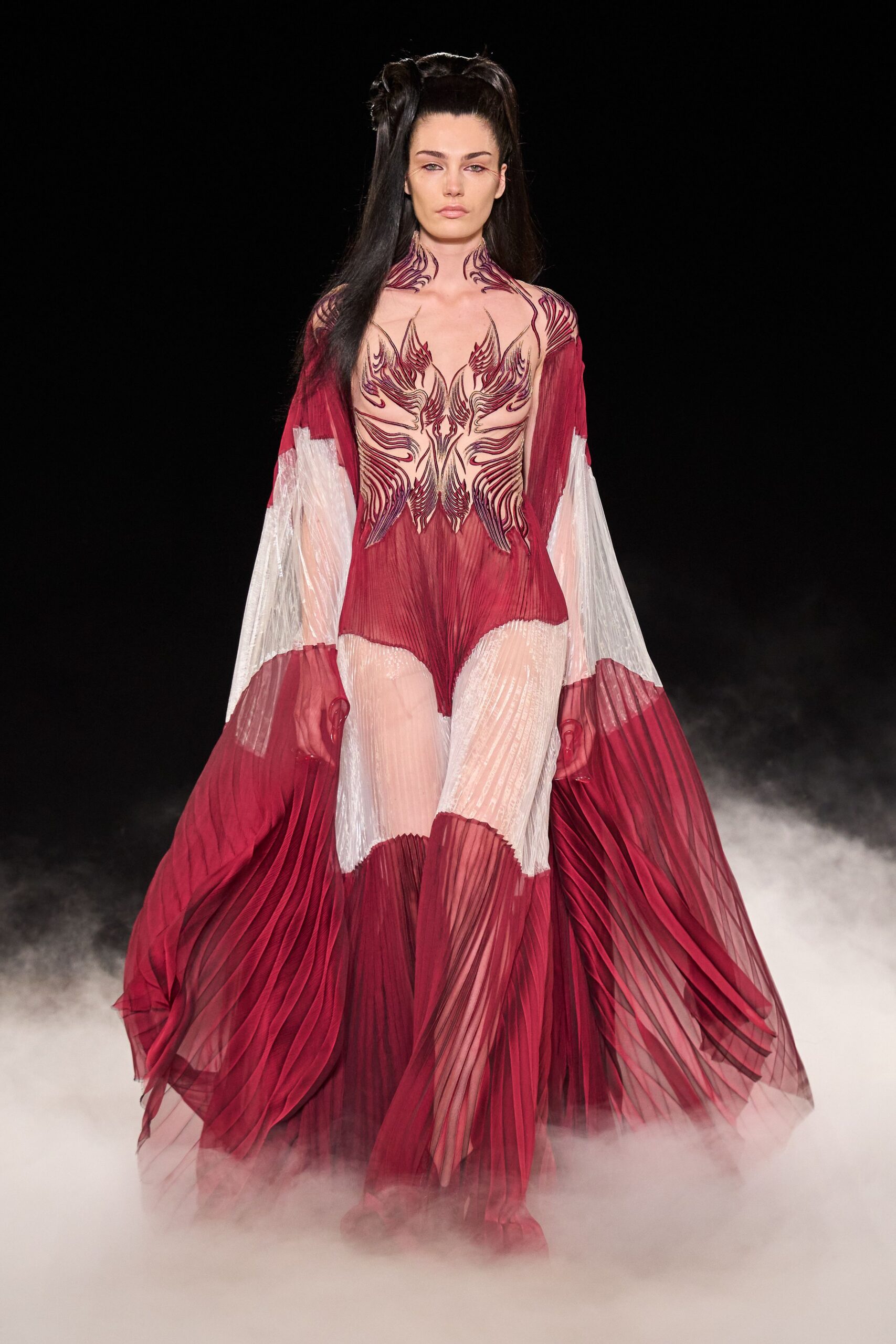 red and white pleated gown